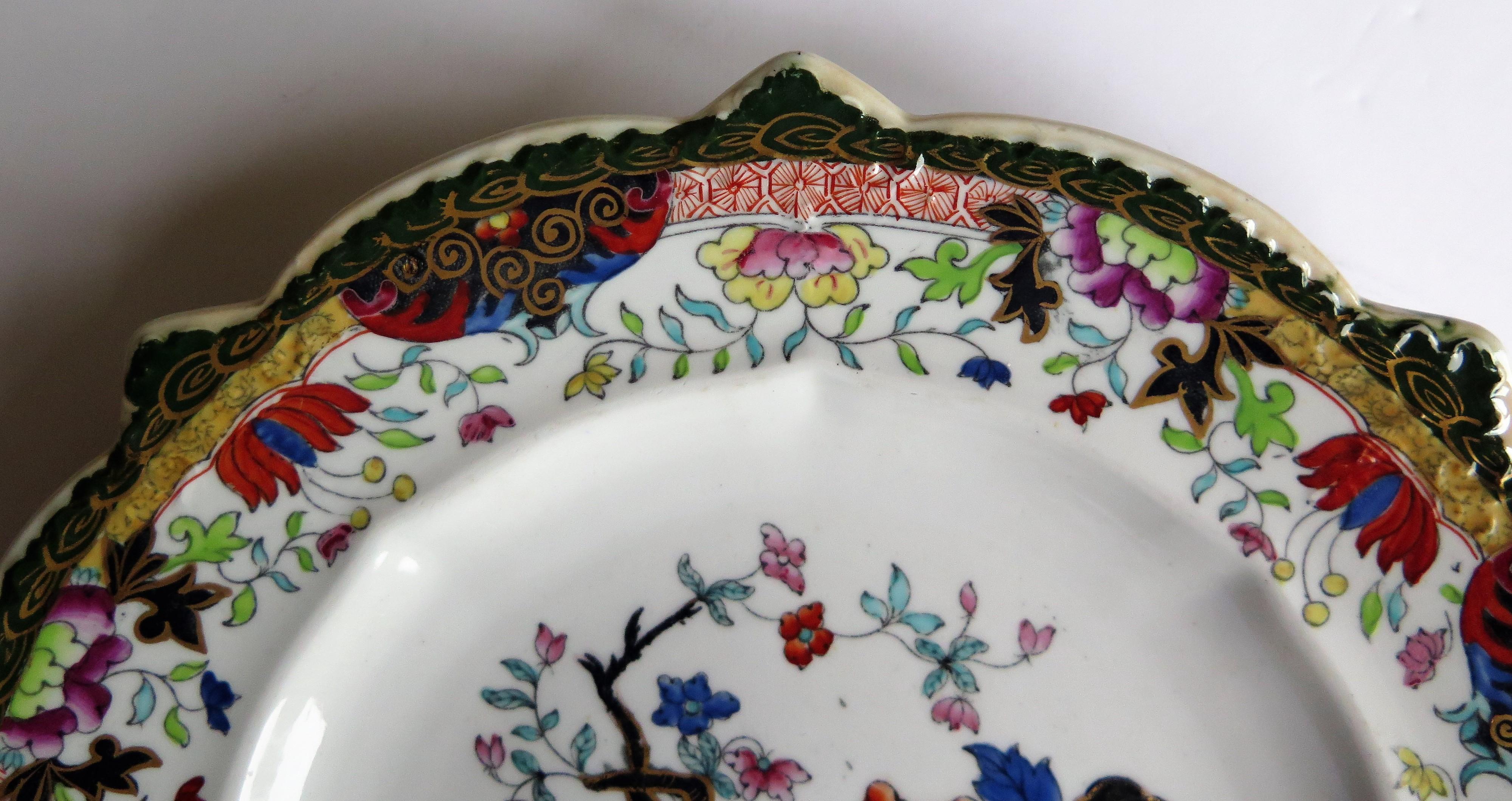 Early 19th Century Masons Ironstone Plate in Ragged Rose Pattern, Rare Shape 7