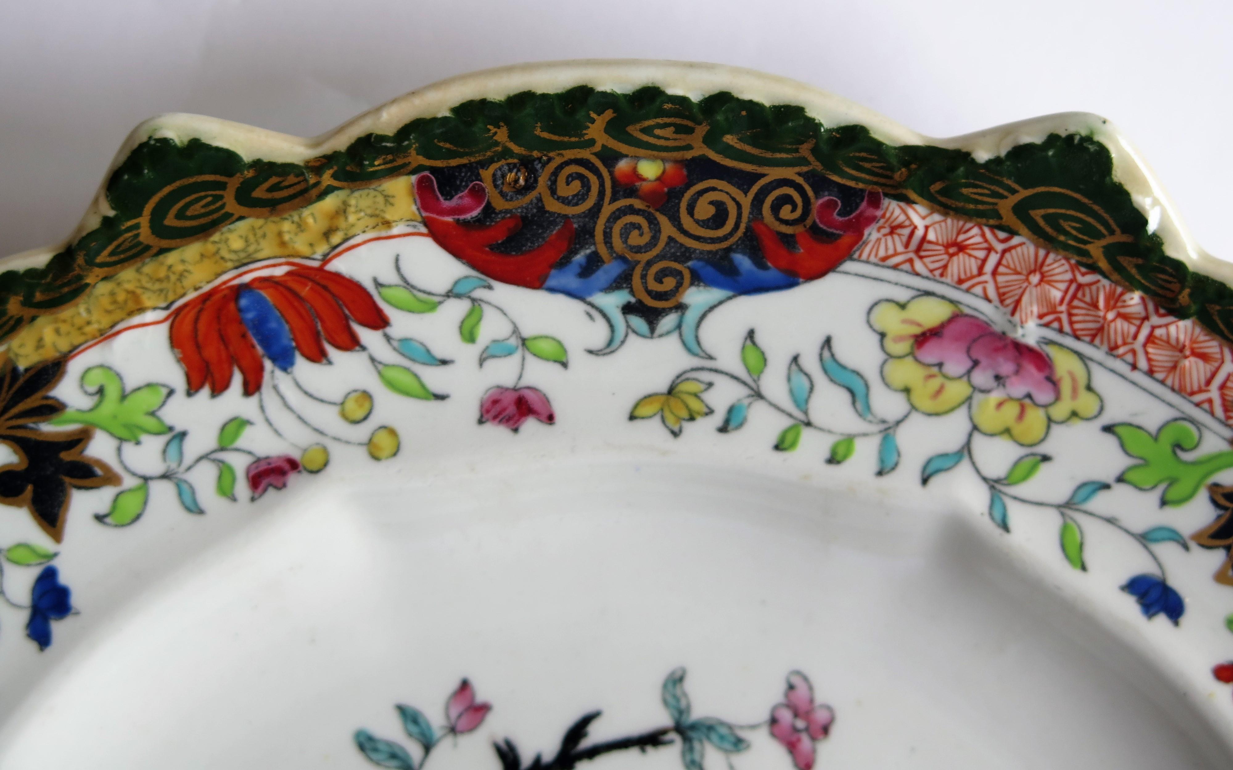 Early 19th Century Masons Ironstone Plate in Ragged Rose Pattern, Rare Shape 8