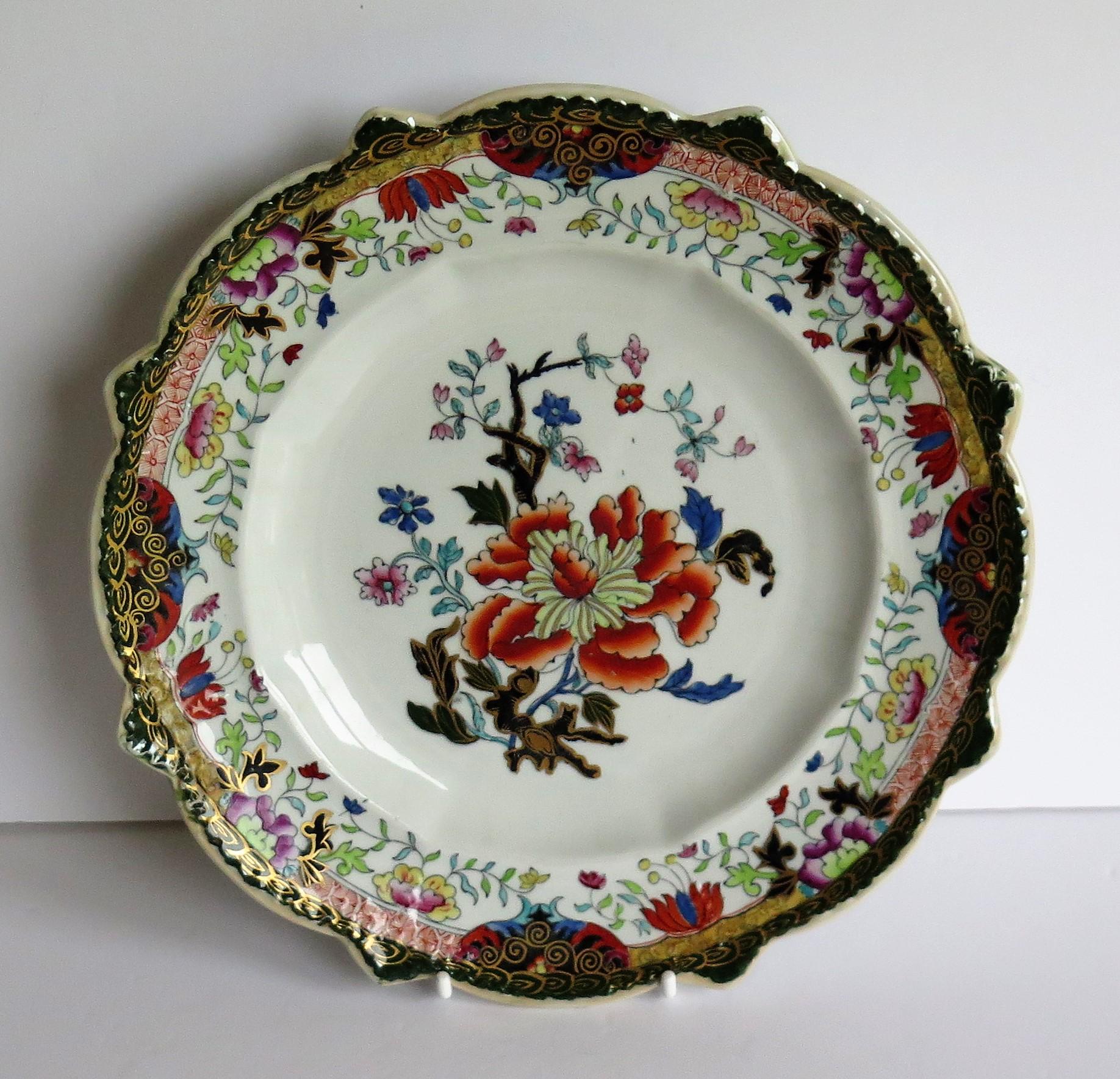 This Ironstone pottery dinner plate was made by the Mason's factory at Lane Delph, Staffordshire, England and is decorated in the Ragged Rose Pattern, fully stamped and dating to the earliest period of Mason's Ironstone production, circa 1815 to