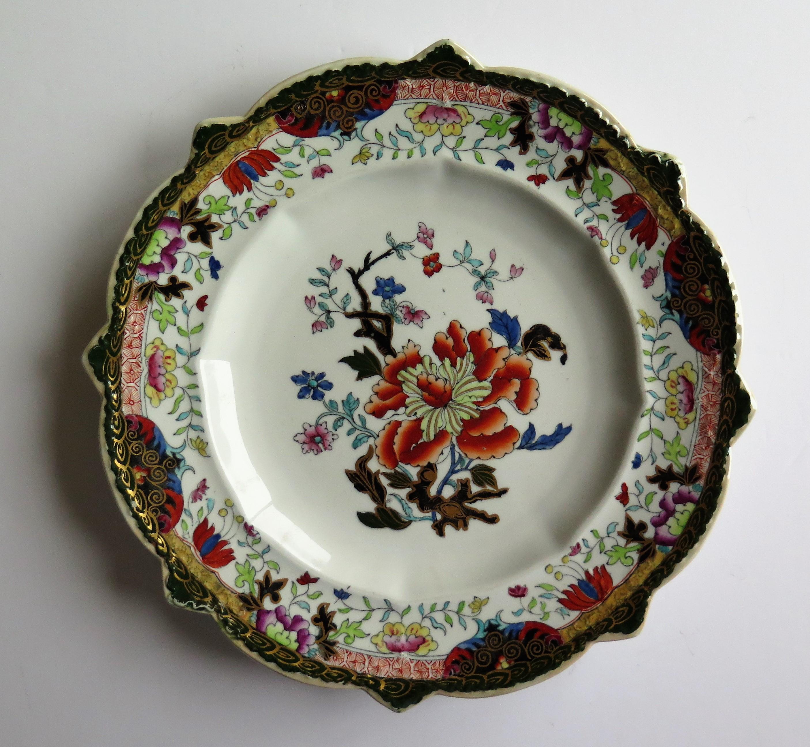 Hand-Painted Early 19th Century Masons Ironstone Plate in Ragged Rose Pattern, Rare Shape