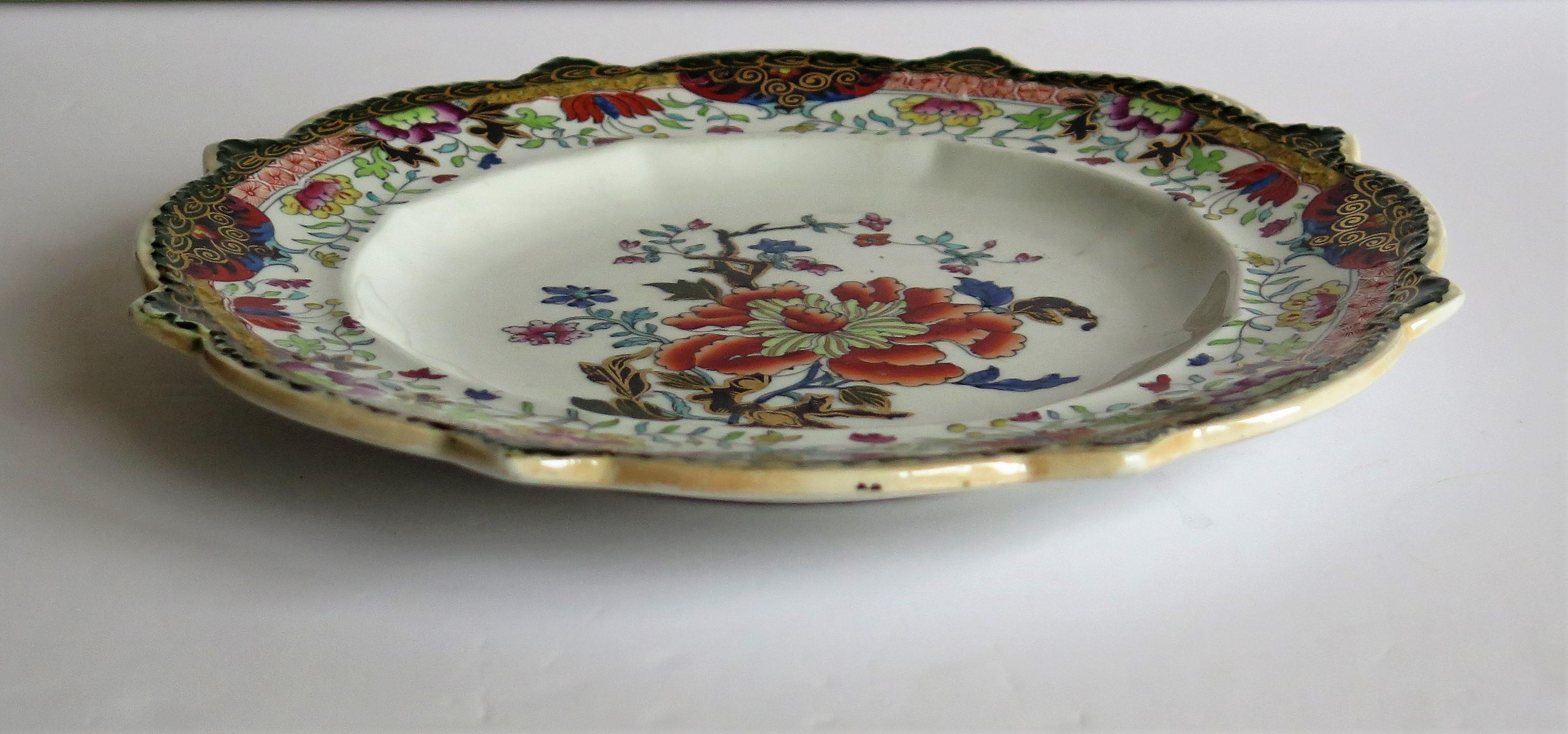 Early 19th Century Masons Ironstone Plate in Ragged Rose Pattern, Rare Shape 1
