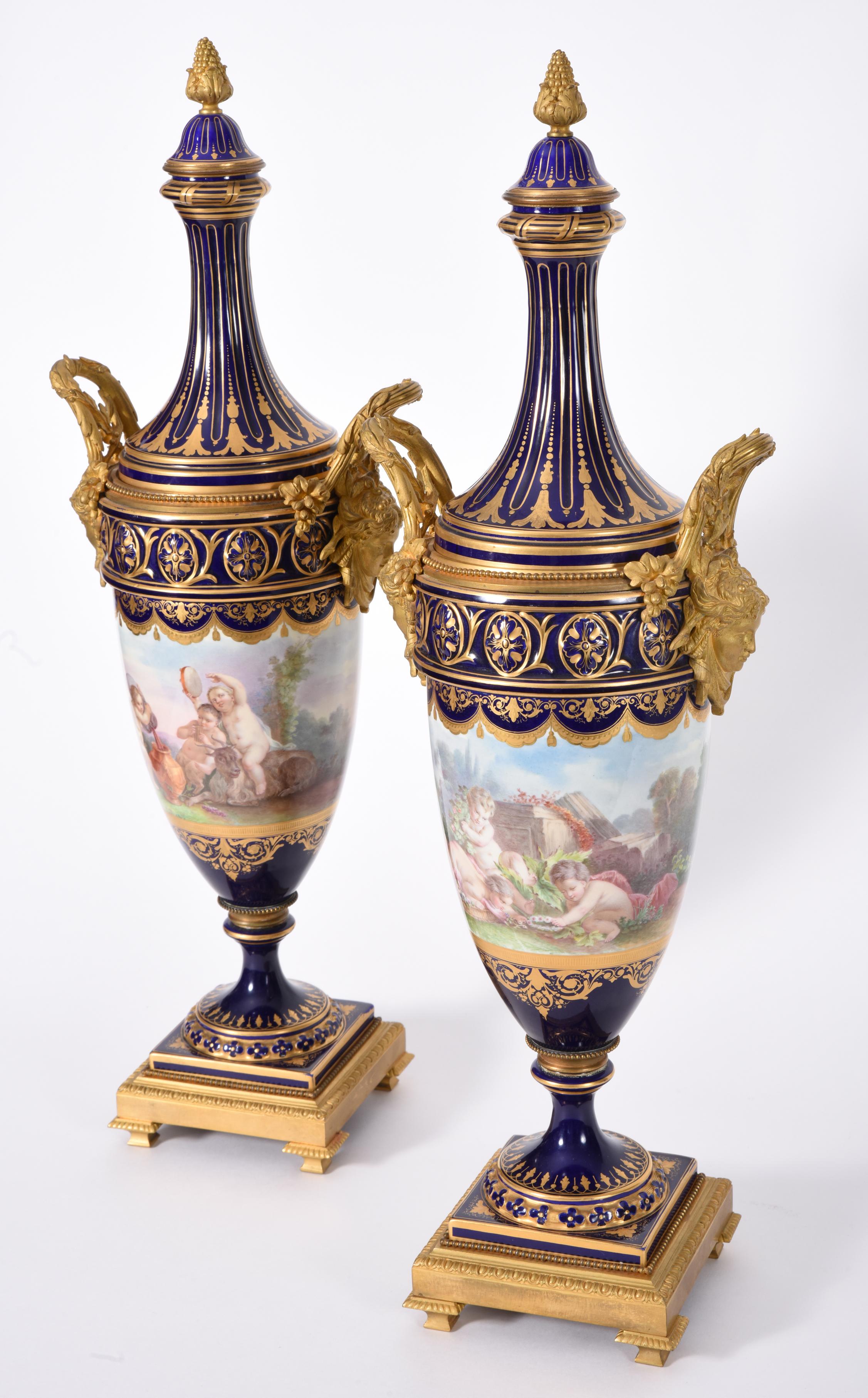 Early 19th Century Matching Pair of Bronze Mounted Porcelain Urns 4