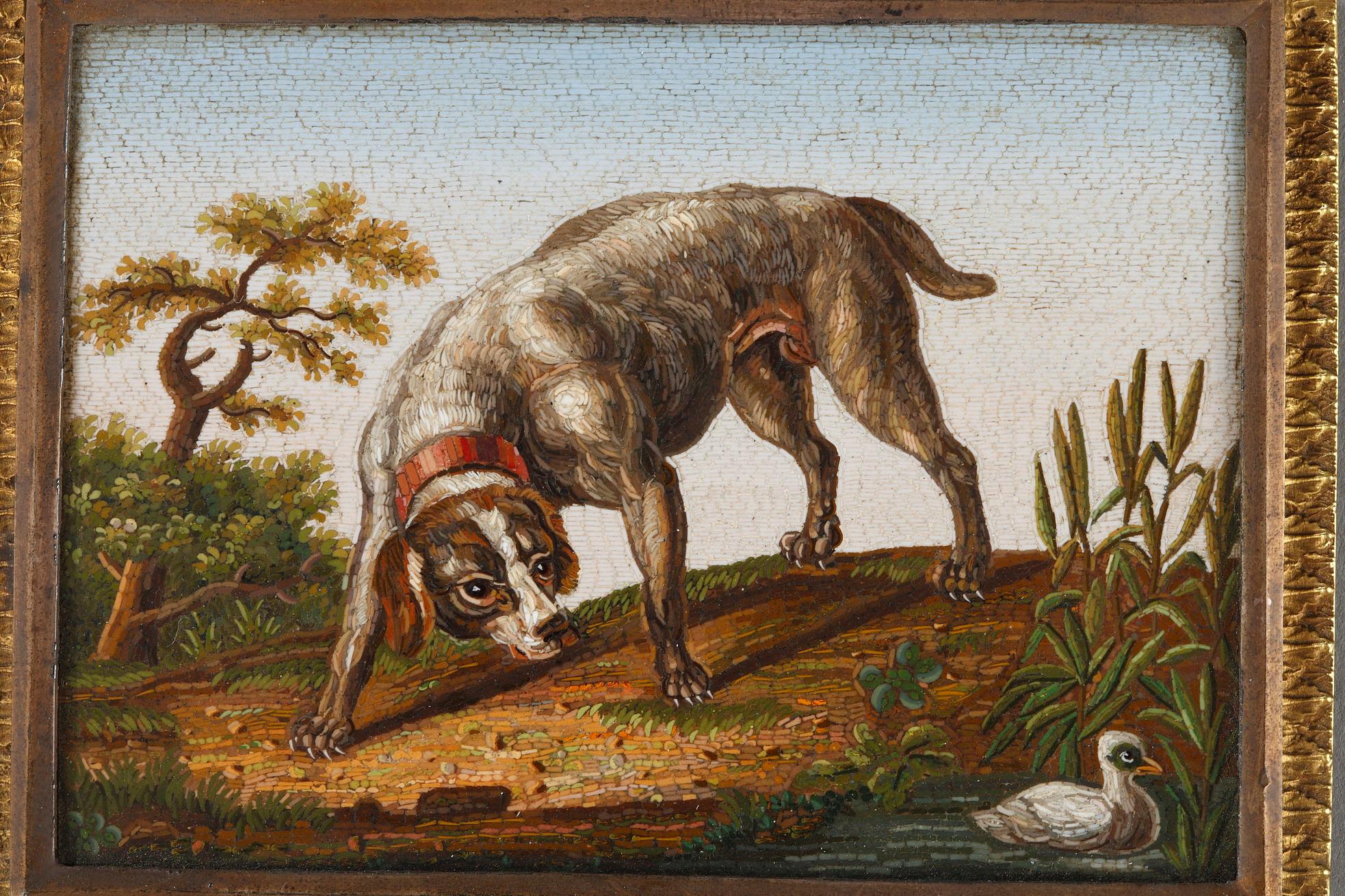 Large micro-mosaic plate depicting a dog with a red collar chasing a duck beside the Tiber river. After Gioachhino Barberi. The Barberi family was a very famous family of Roman mosaicists very much in demand by the European aristocracy. They are