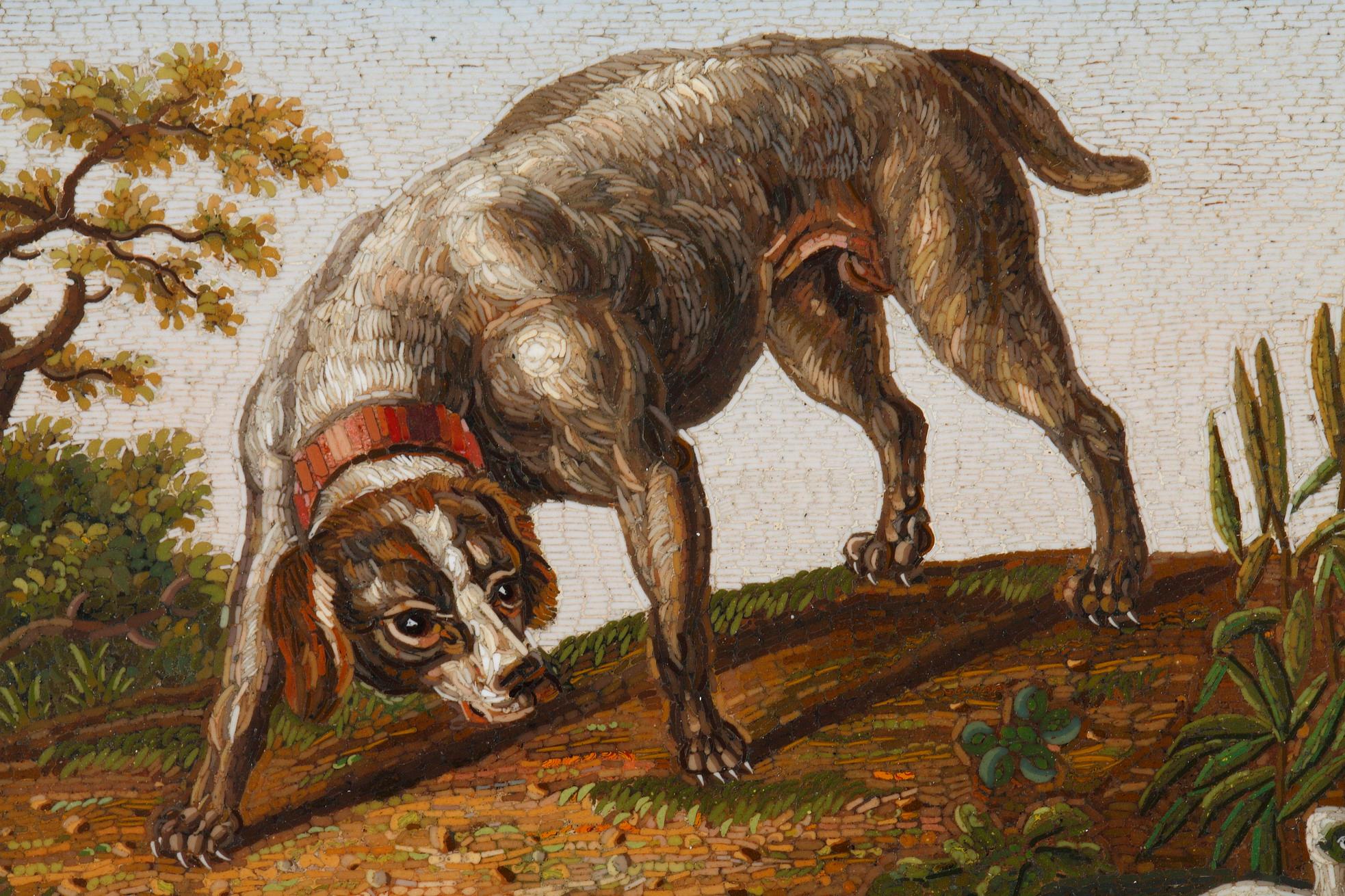 Italian Early 19th Century Micromosaic Dog Chasing a Duck, After Gioacchino Barberi For Sale
