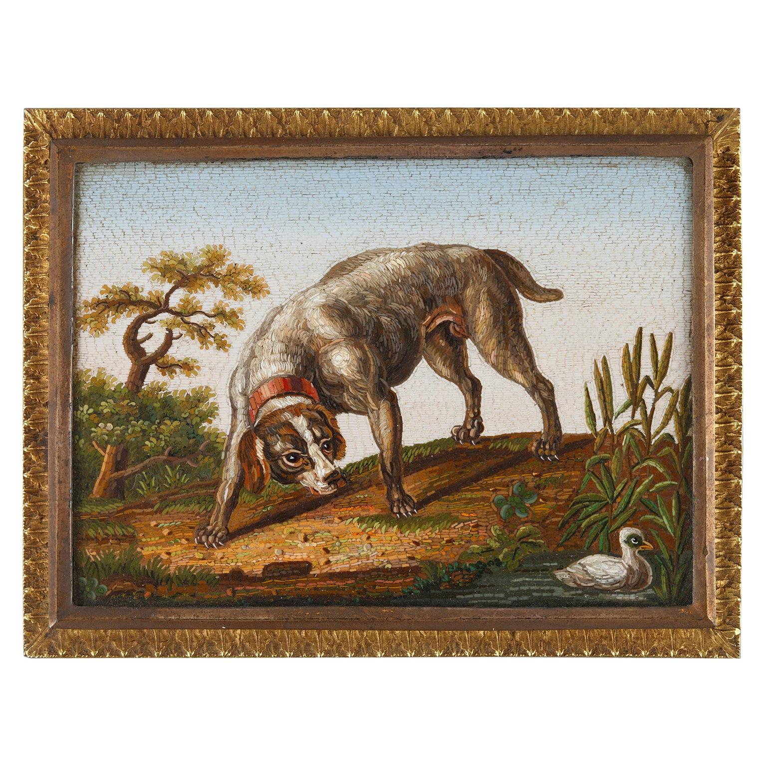 Early 19th Century Micromosaic Dog Chasing a Duck, After Gioacchino Barberi For Sale