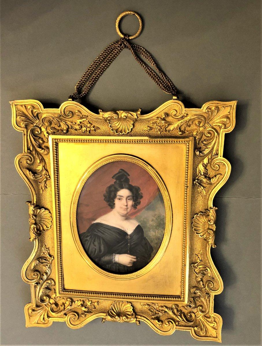 Early 19th century miniature painting, gilt bronze frame
Painted by Frederic Millet
Miniature portrait, bust of a woman by Frederic Millet, circa 1837, Louis-Philippe Period with its beautiful gilt bronze frame
Dimensions: H: 23cm, W: 20cm, D: