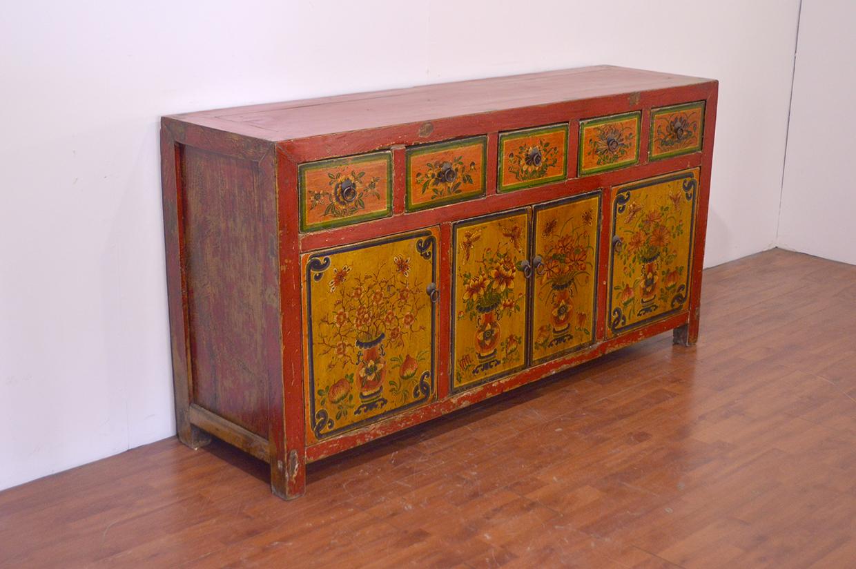 Fine painted mongolian sideboard with five drawers and four doors, shelves inside. This sideboard is in very good condition and with elegant hand paint.