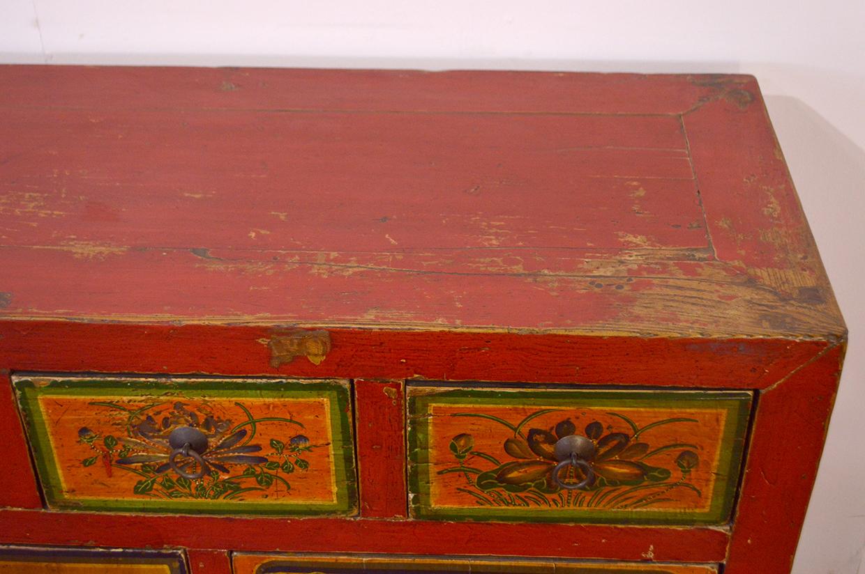 Hand-Painted Early 19th Century Mongolian Fine Painted Sideboard Five Drawers Four Doors