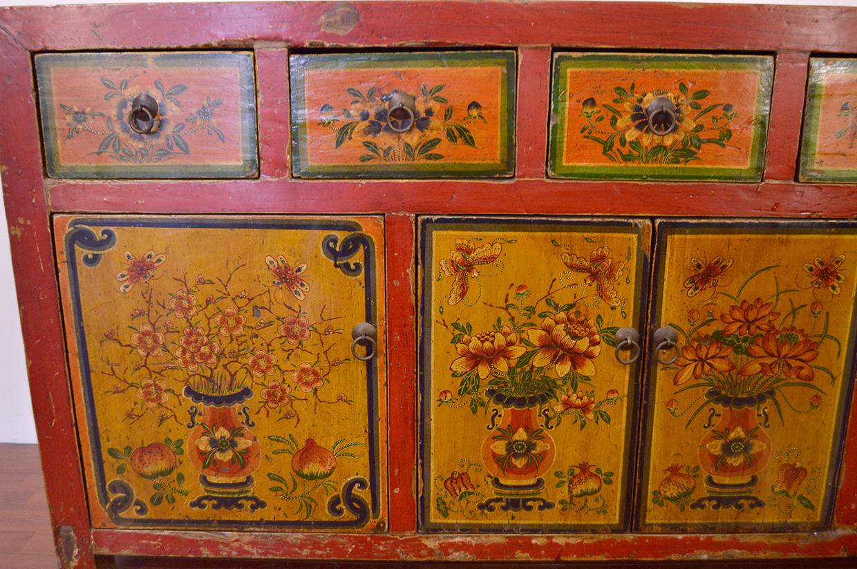 Elm Early 19th Century Mongolian Fine Painted Sideboard Five Drawers Four Doors