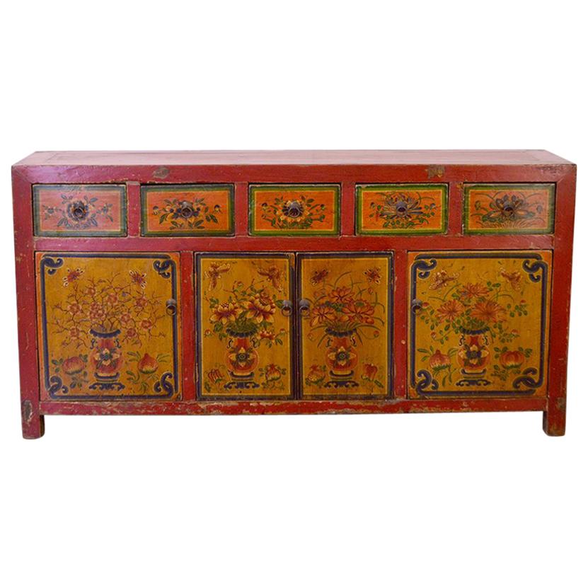 Early 19th Century Mongolian Fine Painted Sideboard Five Drawers Four Doors