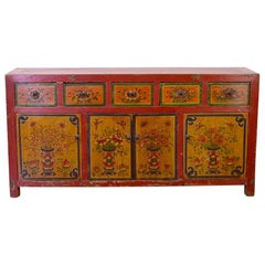 Antique Early 19th Century Mongolian Fine Painted Sideboard Five Drawers Four Doors