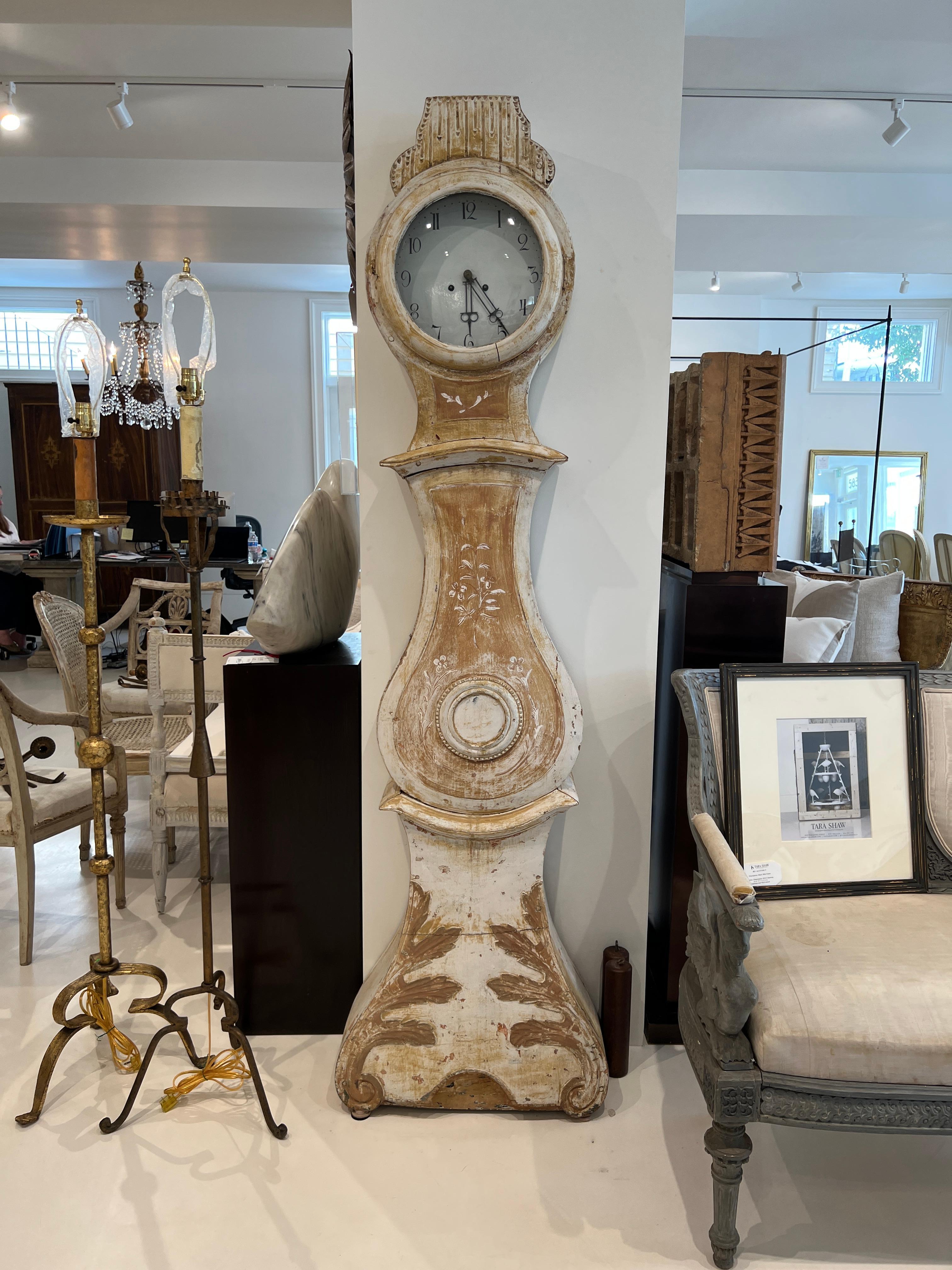 Swedish Mora Clock with stylish carving from the early 19th century - painted. Not functional for keeping time but beautiful addition to a space.