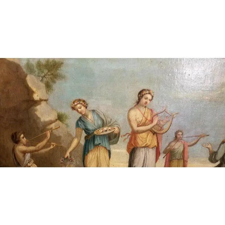 Fine European school oil painting on canvas, 19th century. Nymphs with musical instruments. Period frame. Unsigned.
