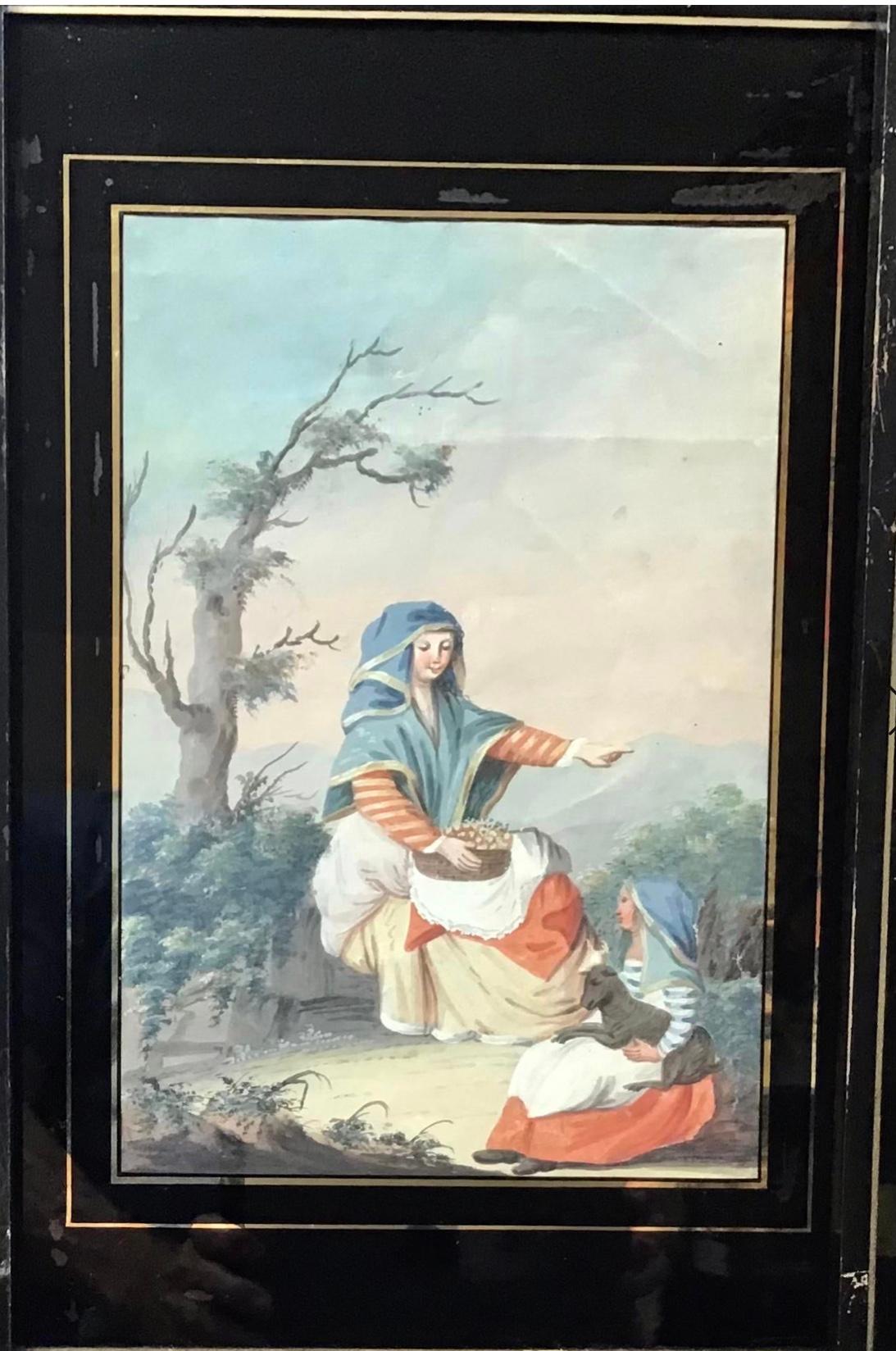 A set of three Neapolitan street scenes. Gouache on paper. Not examined out of the frames. Apparently unsigned. Early 19th century. Possibly by Saverio della Gatta. Label on back from a prominent Boston frame shop. Measures: 11 1/2 ins by 15 ins