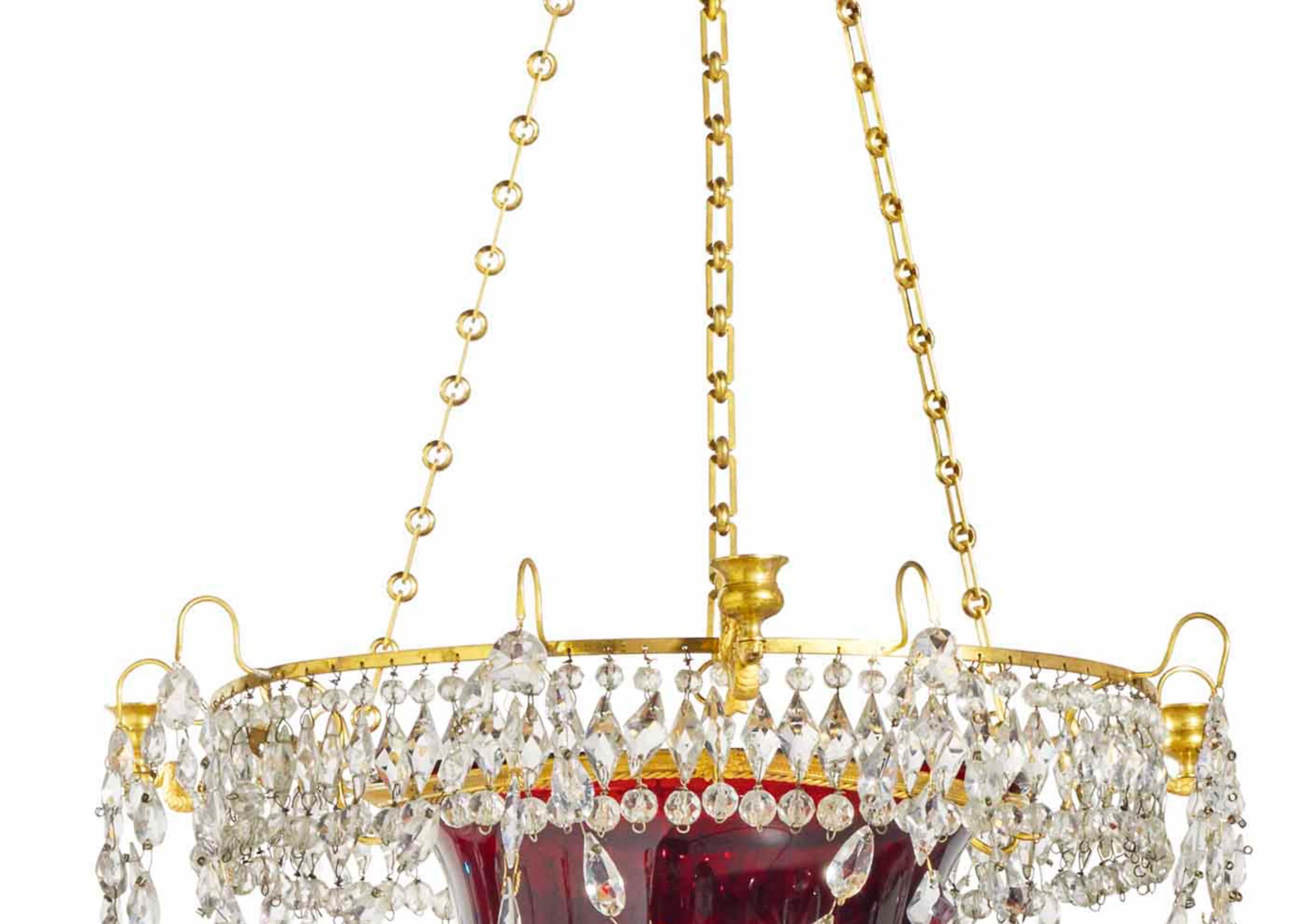 Early 19th Century Neoclassical Russian Ormolu and Ruby Glass Lantern Chandelier In Good Condition In Essex, MA