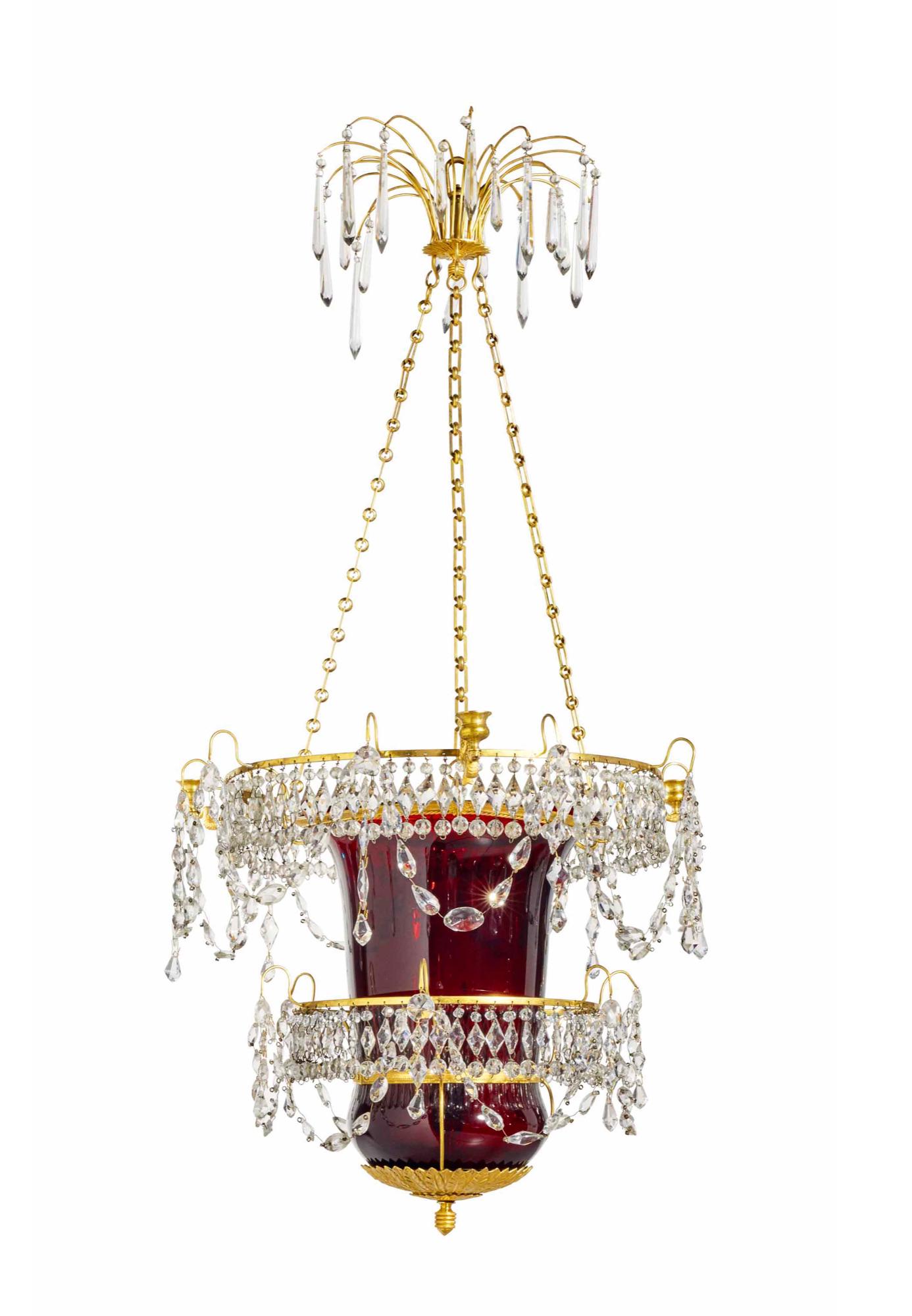 Early 19th Century Neoclassical Russian Ormolu and Ruby Glass Lantern Chandelier 1