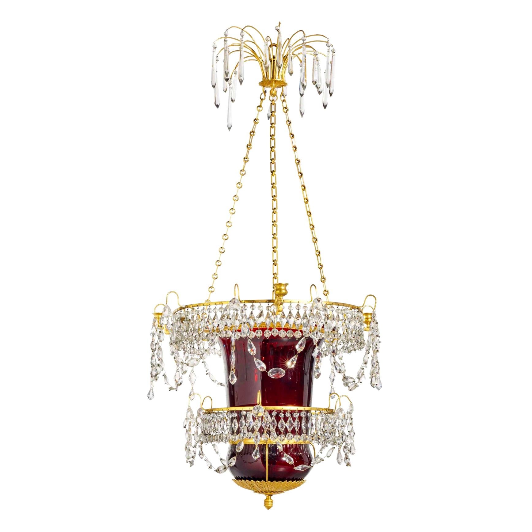 Early 19th Century Neoclassical Russian Ormolu and Ruby Glass Lantern Chandelier