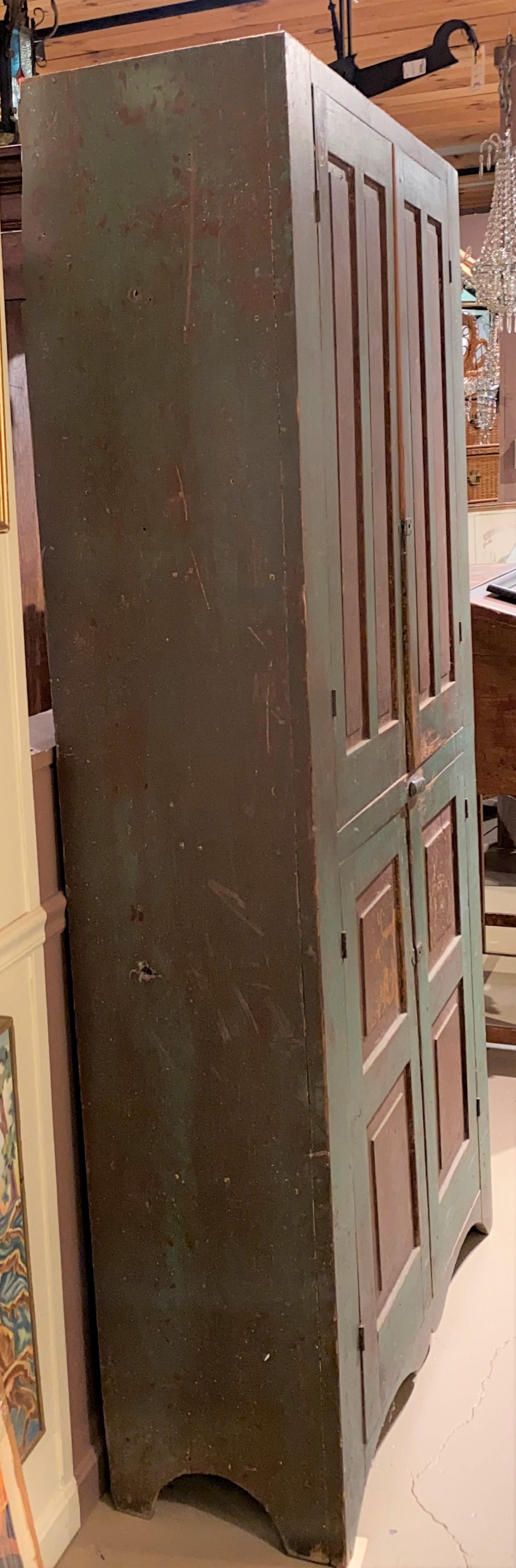 Early 19th Century New England Paneled Cupboard in Green & Reddish Brown Paint In Good Condition For Sale In Milford, NH