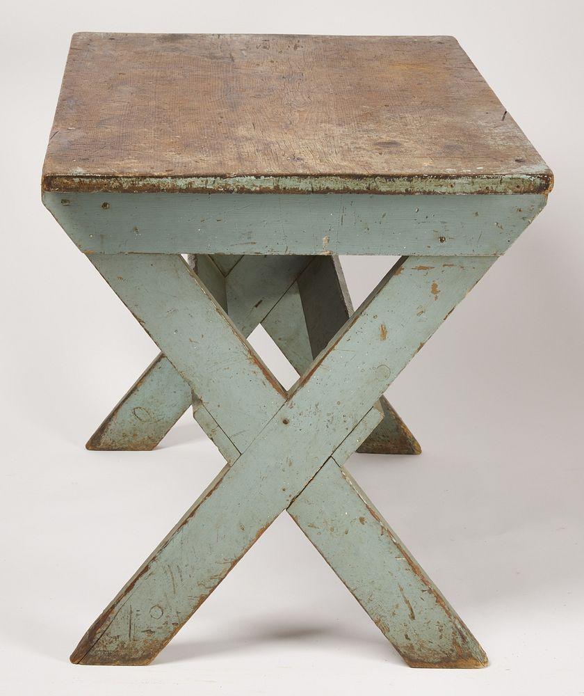 A good early sawbuck table in celadon green paint, made in New England, circa 1825. Forged nail construction. Original with late 19th century celadon green paint over original mustard paint. Structurally solid and well made. Useful for dining, or as