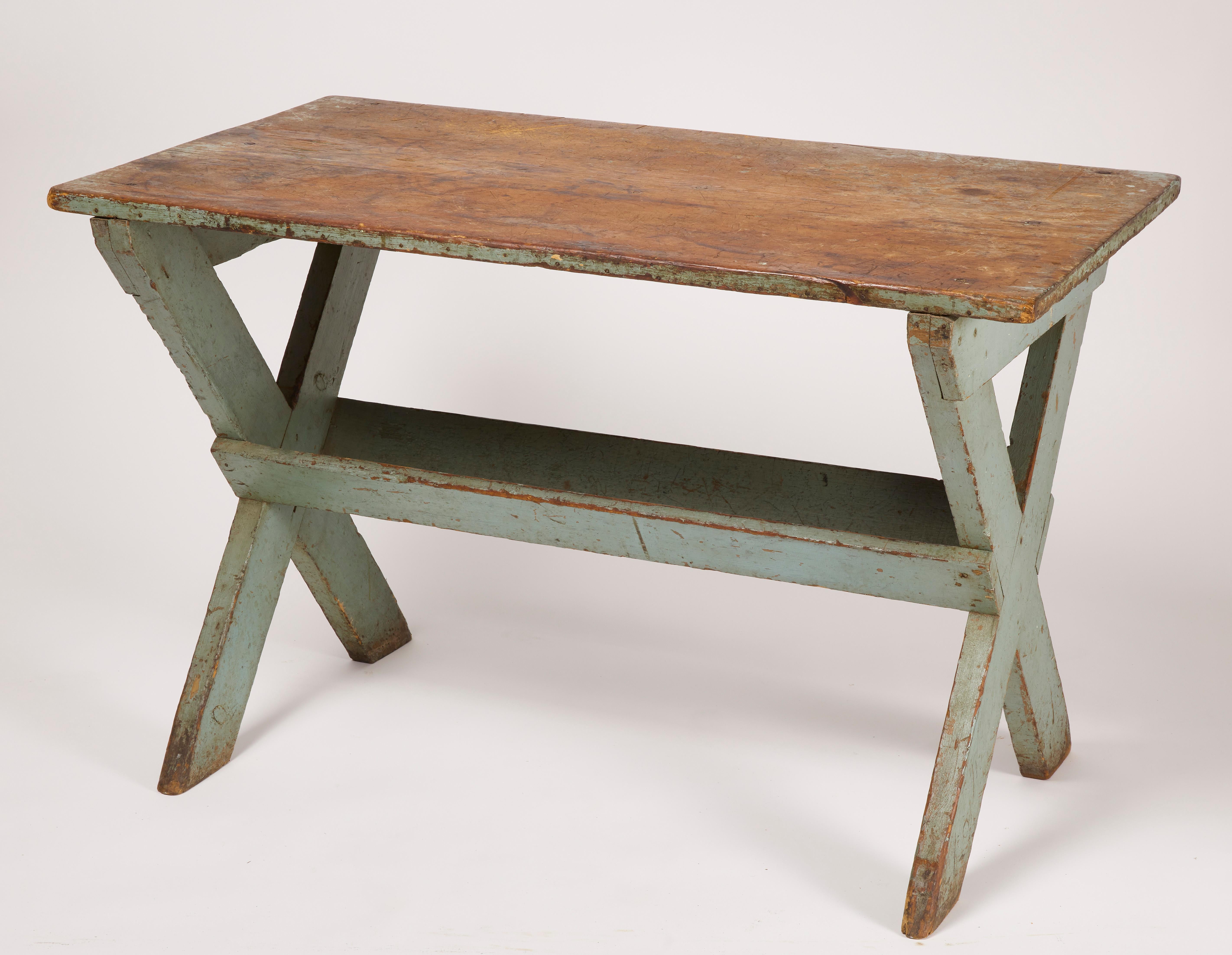 American Early 19th Century New England Sawbuck Country Table in Celadon Green Paint