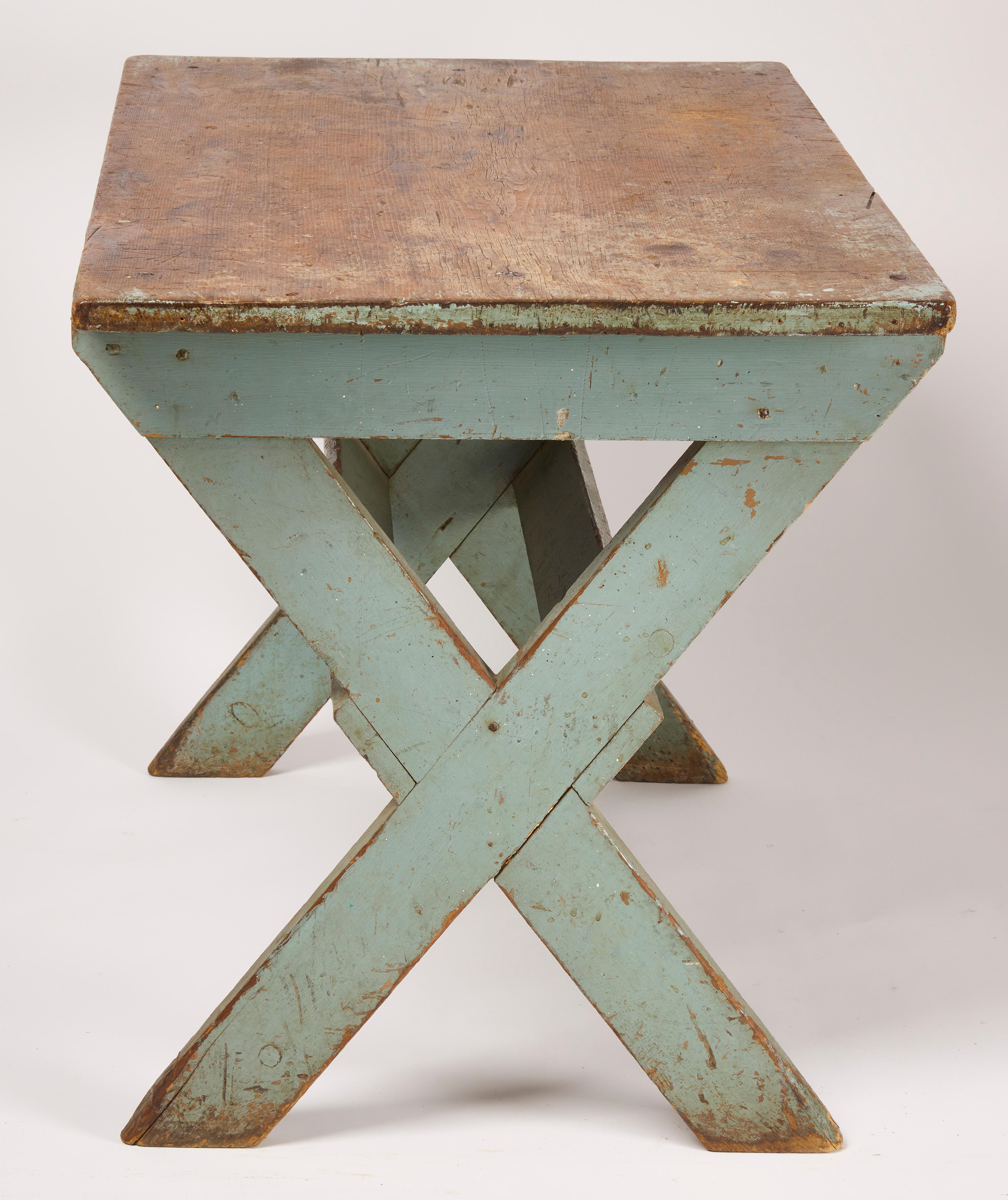 Painted Early 19th Century New England Sawbuck Country Table in Celadon Green Paint