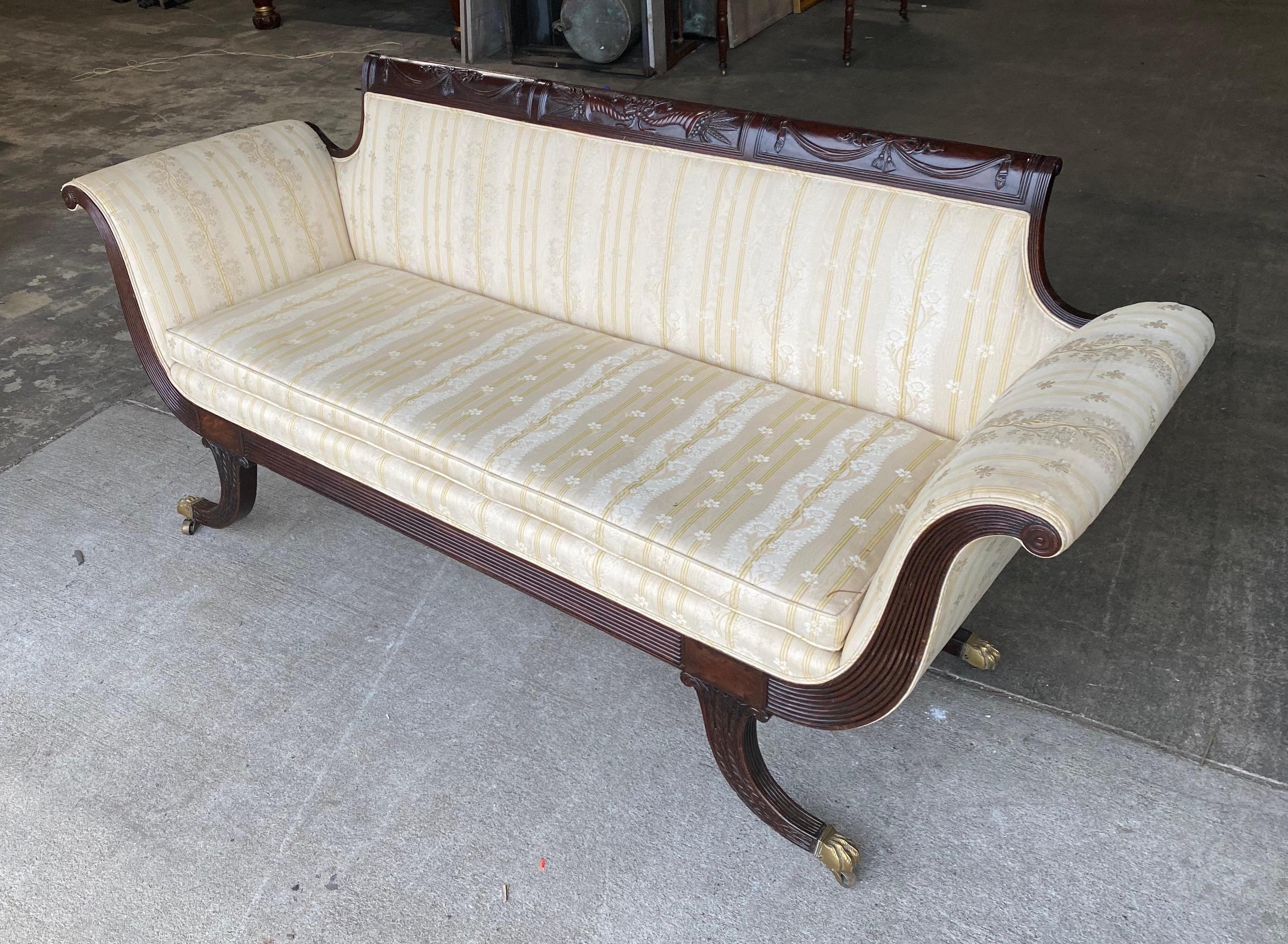 Great example of an early 19th century New York sofa from the federal period. Probably by Duncan Phyfe. Not marked or signed, but the quality and pattern are indicative of his shop. Please see close up photos of of carvings.