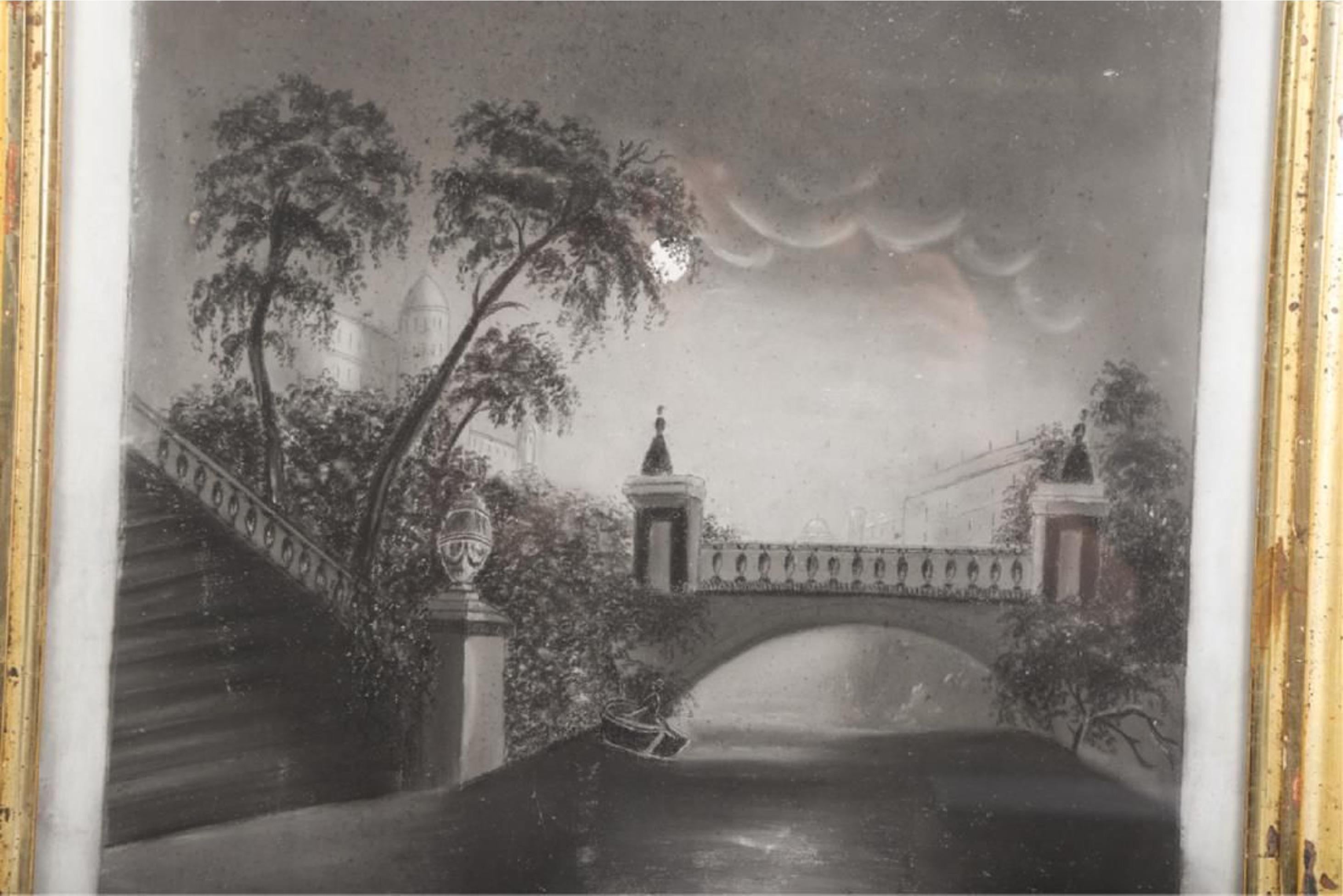 Romantic Early 19th Century Nocturnal Charcoal Drawing of European Vista For Sale