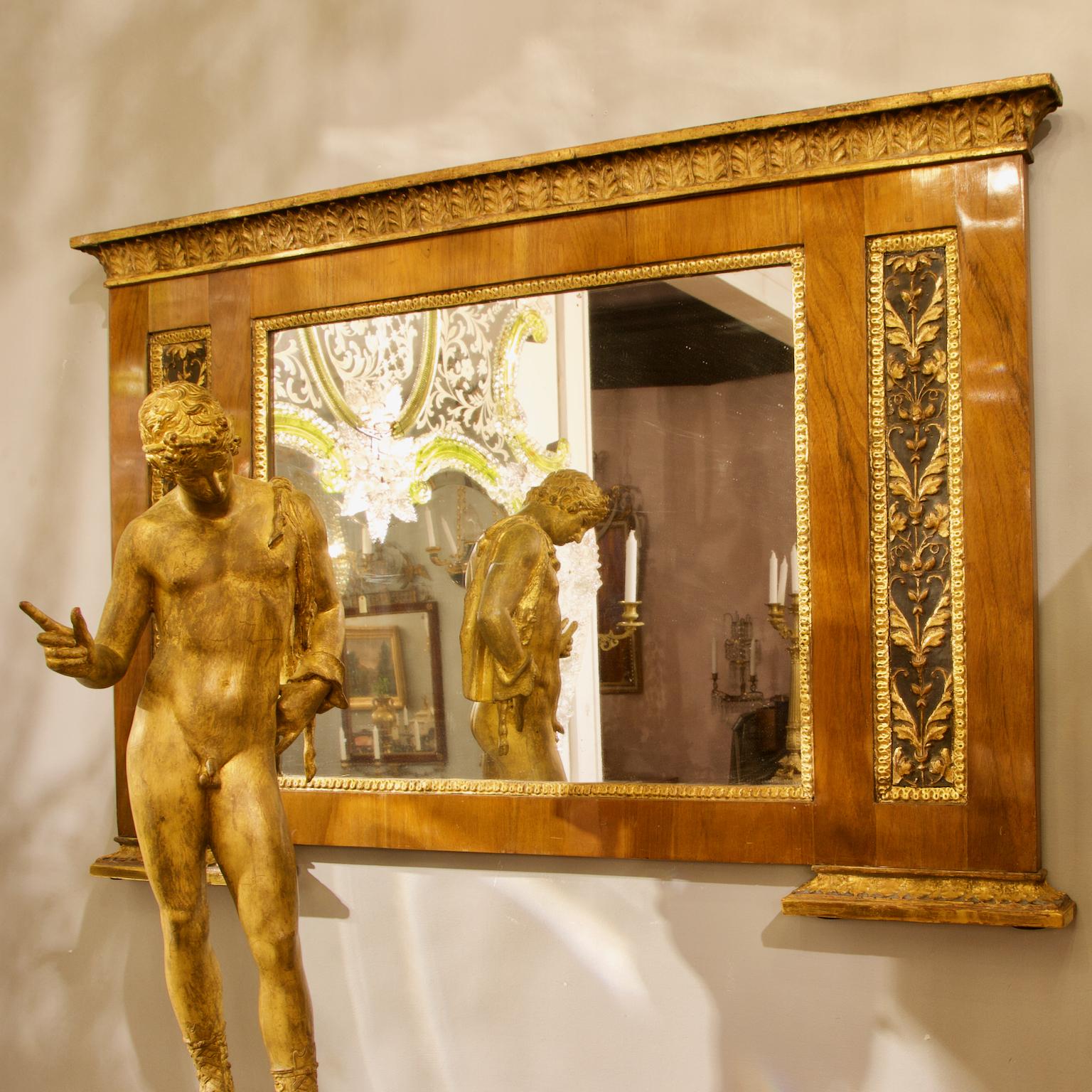 Empire Early 19th Century North Italy Neoclassical Walnut Giltwood Overmantel Mirror  For Sale