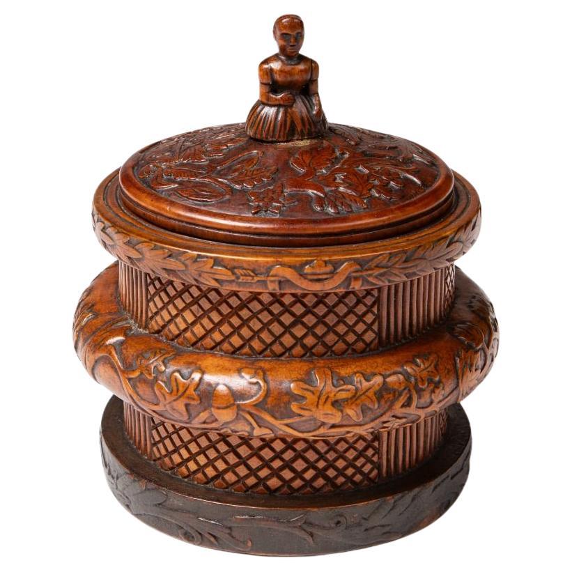Early 19th Century Norwegian Folk Art Birch Butter Box with Carved Female Finial For Sale