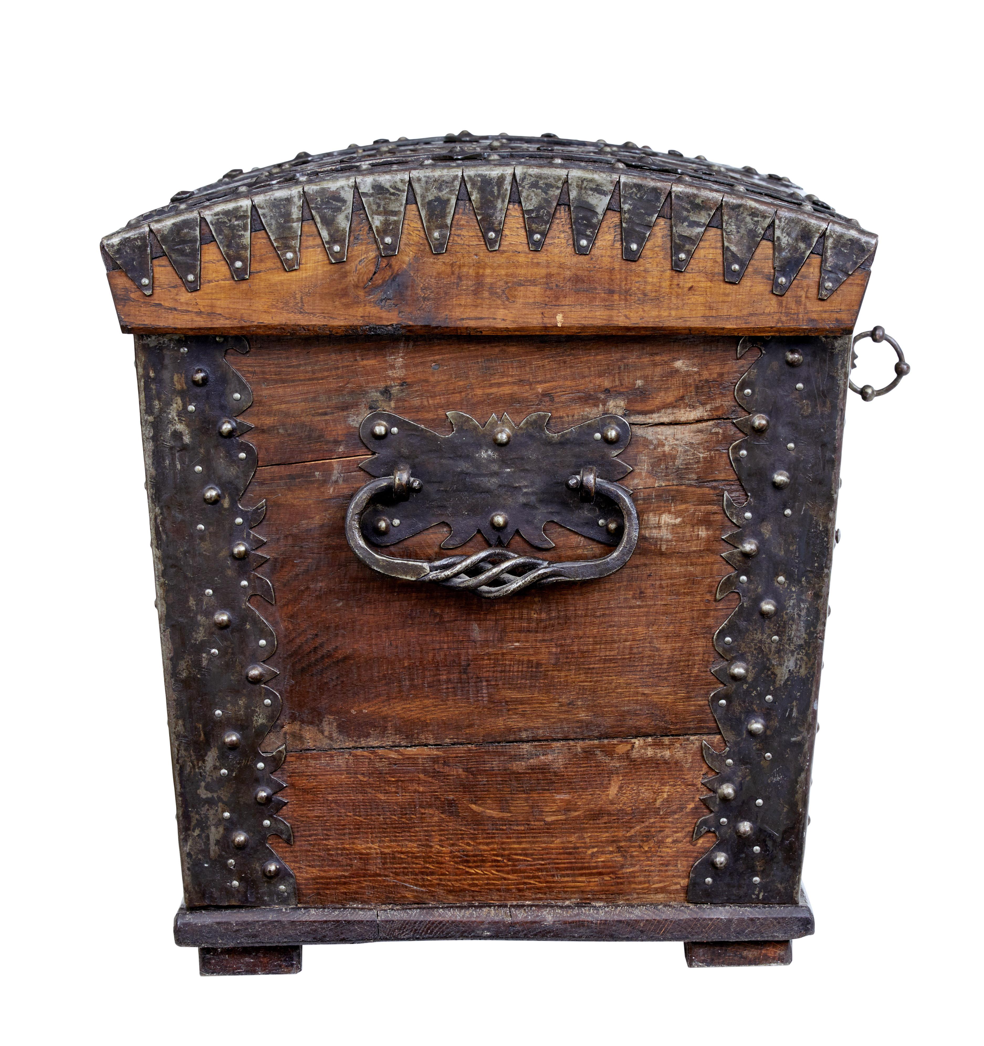 Rustic Early 19th Century Oak Domed Metal Bound Trunk