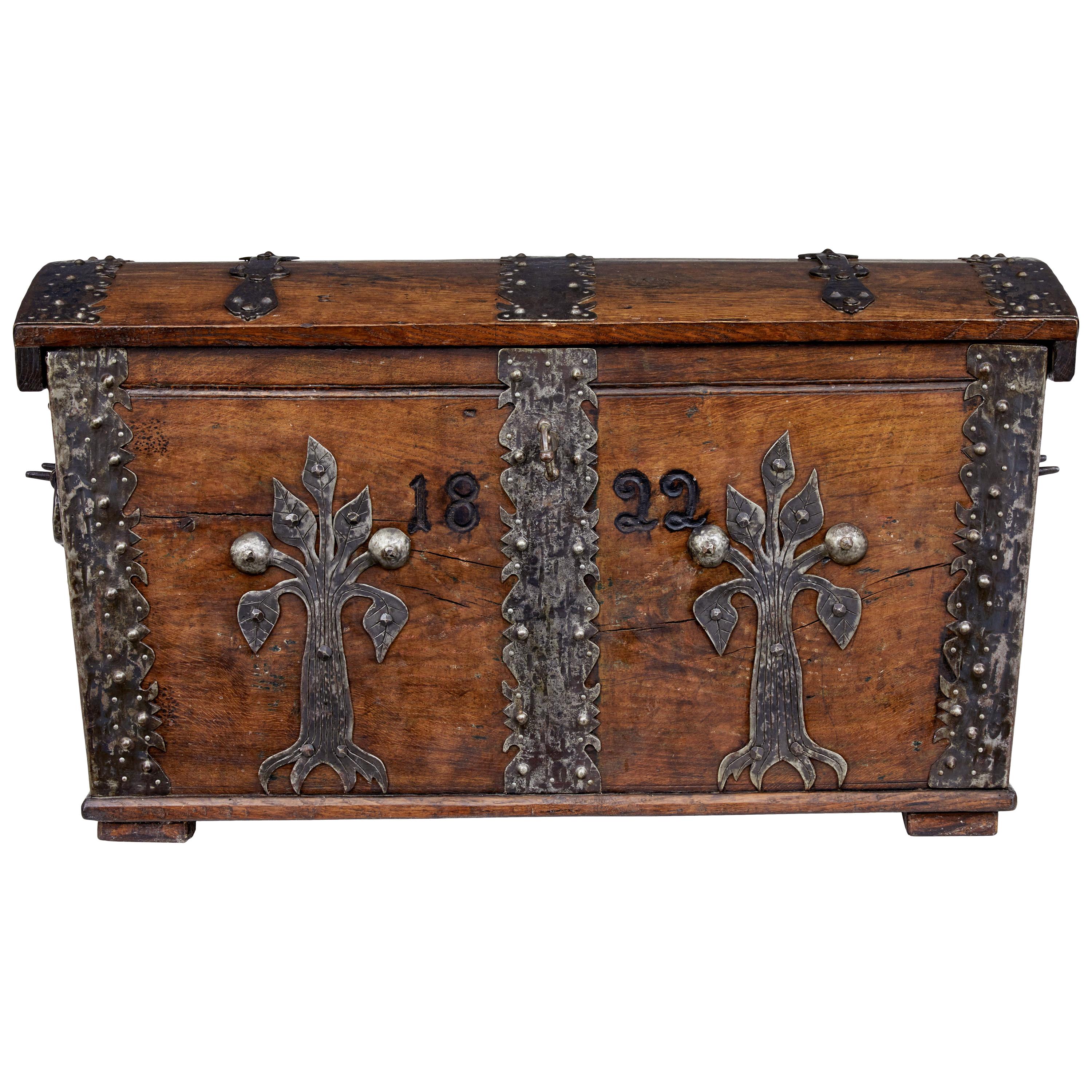 Early 19th Century Oak Domed Metal Bound Trunk