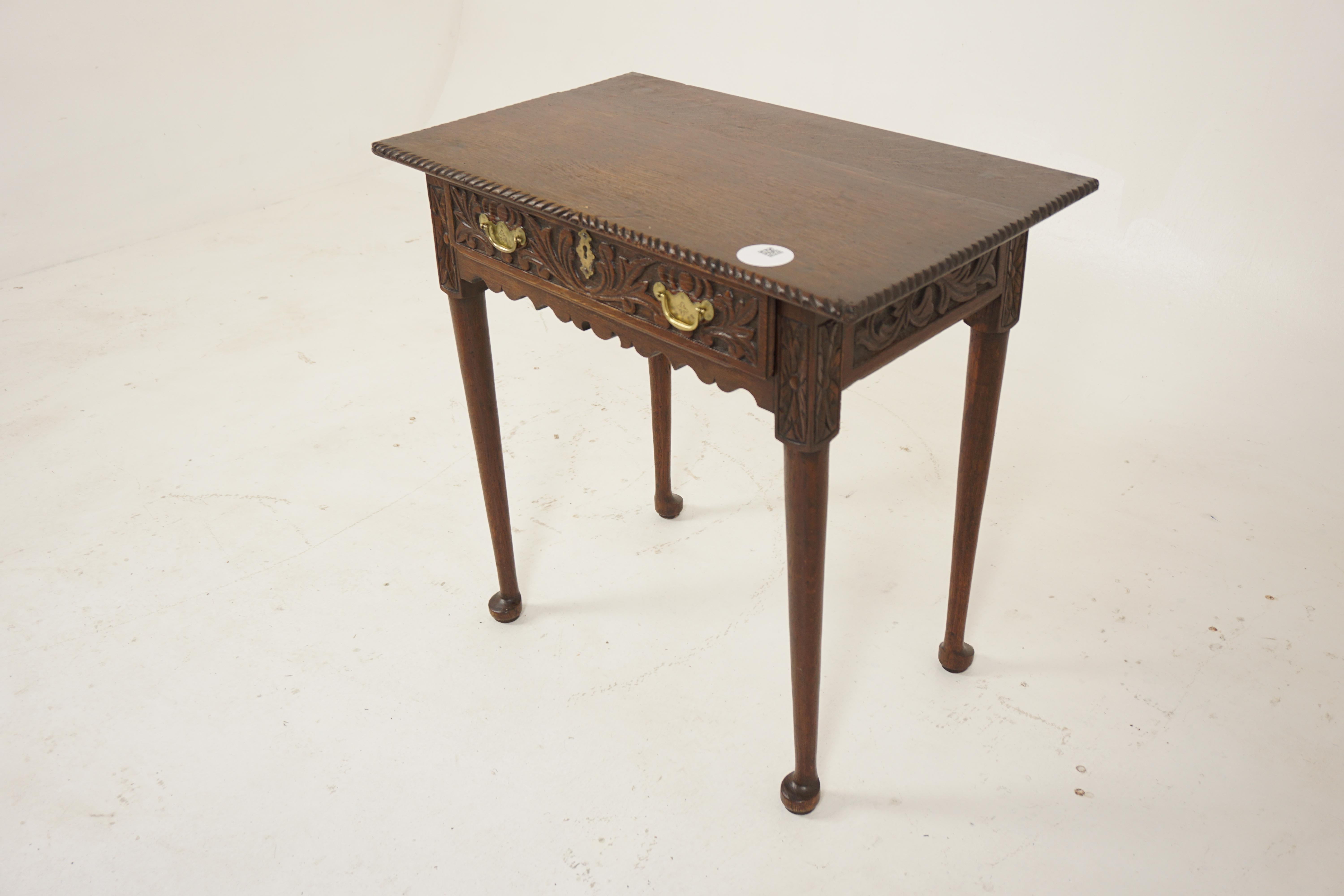 Early 19th Century Oak Hall Table/Drawer, Scotland 1780, H695

Scotland 1780
Solid Oak
Original Finish
Rectangular moulded top with carved frieze
Single carved drawer with brass hardware 
Carved sides
Carved skirt underneath
All standing on tapered