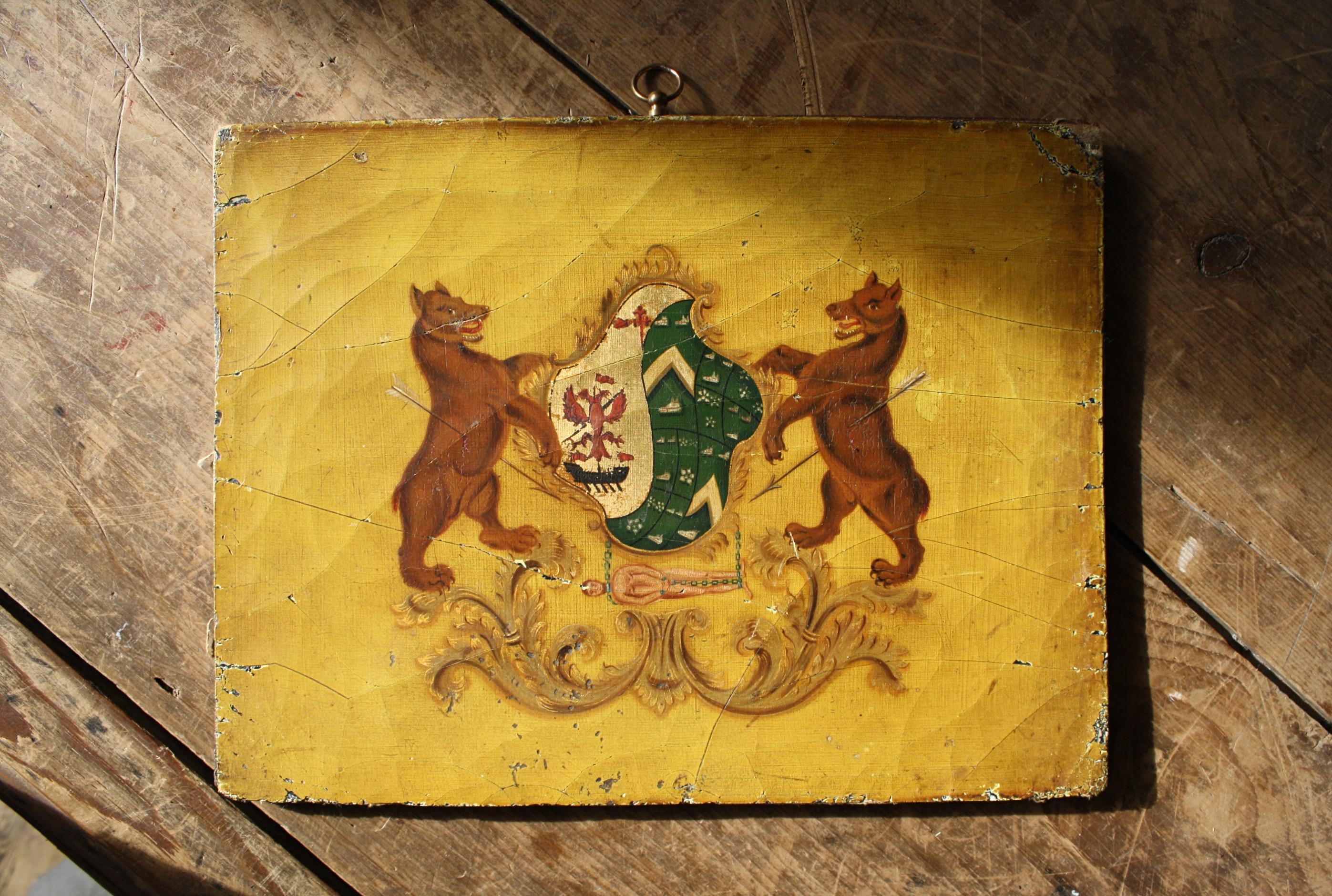 Hand-Painted Early 19th Century Oil on Board Coach Panel Armorial Coat of Arms Heraldry