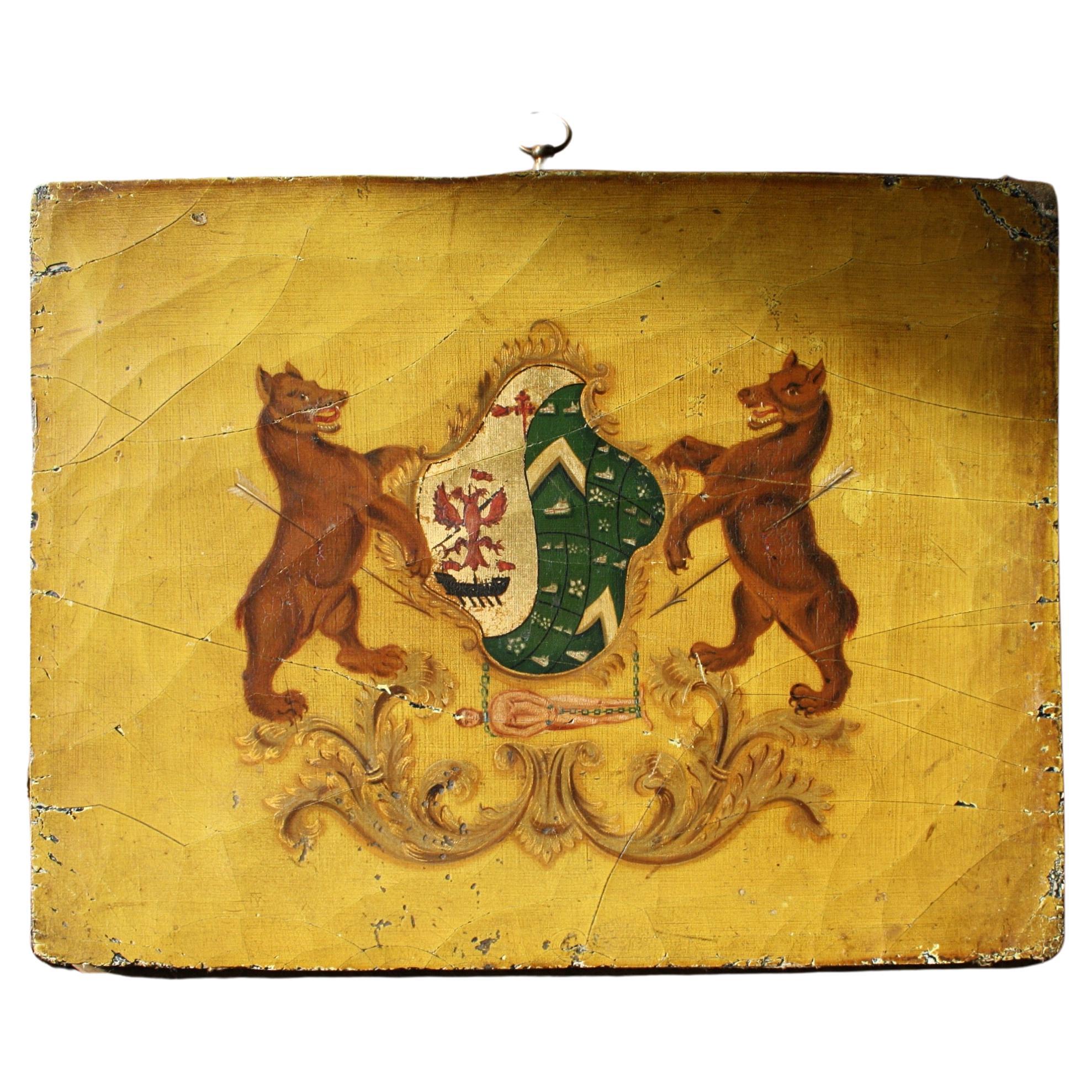Début du 19e siècle Huile sur panneau Panneau de carrosse Armoiries Héraldique