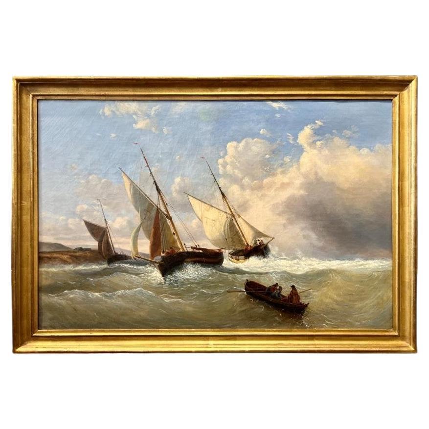 Early 19th Century Oil-on-Canvas Marine Painting 'Les Plates of Villerville'  For Sale