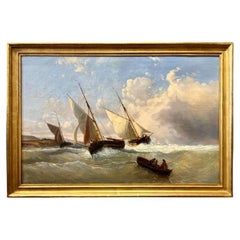 Vintage Early 19th Century Oil-on-Canvas Marine Painting 'Les Plates of Villerville' 