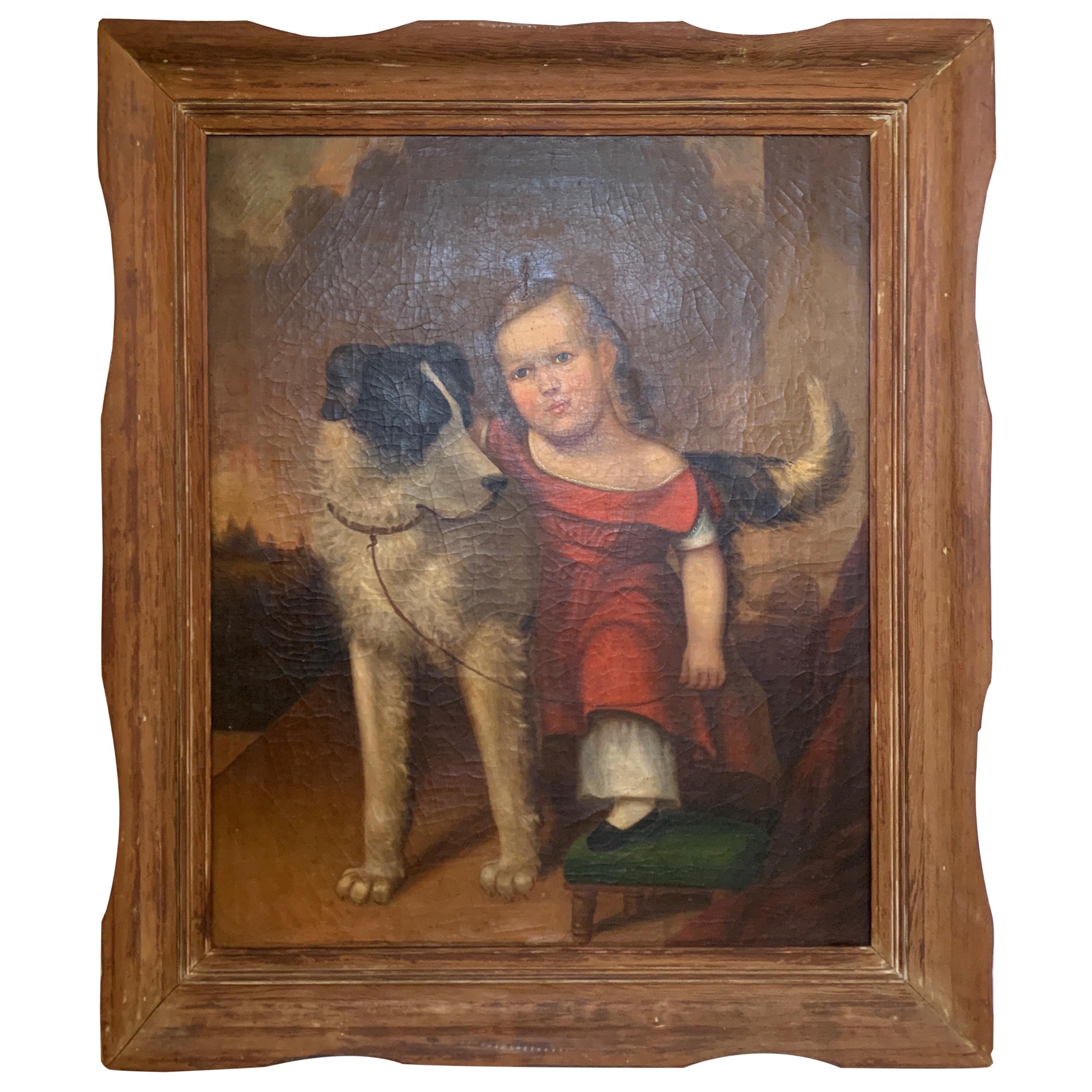 Early 19th Century Oil on Canvas of Child with Dog