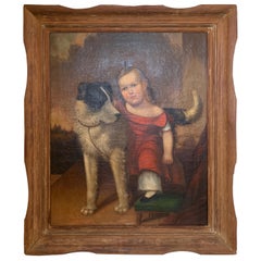 Early 19th Century Oil on Canvas of Child with Dog