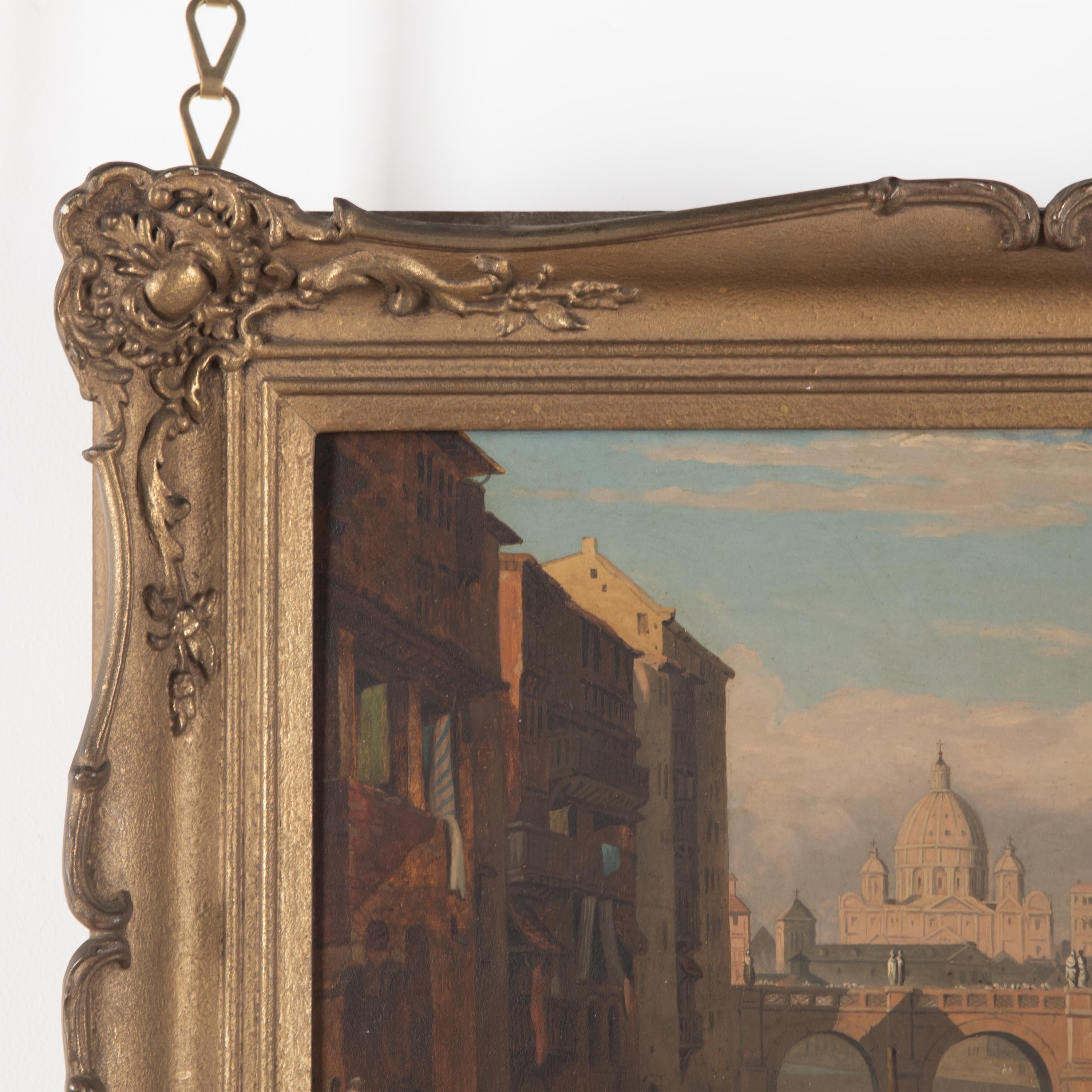 Italian School early 19th Century, View of Rome, with Bridge and the Castle St. Angelo and St Peter's Cathedral in the distance. Oil on board. In carved giltwood frame. Circa 1830

H: 41 cm (16 1/8
