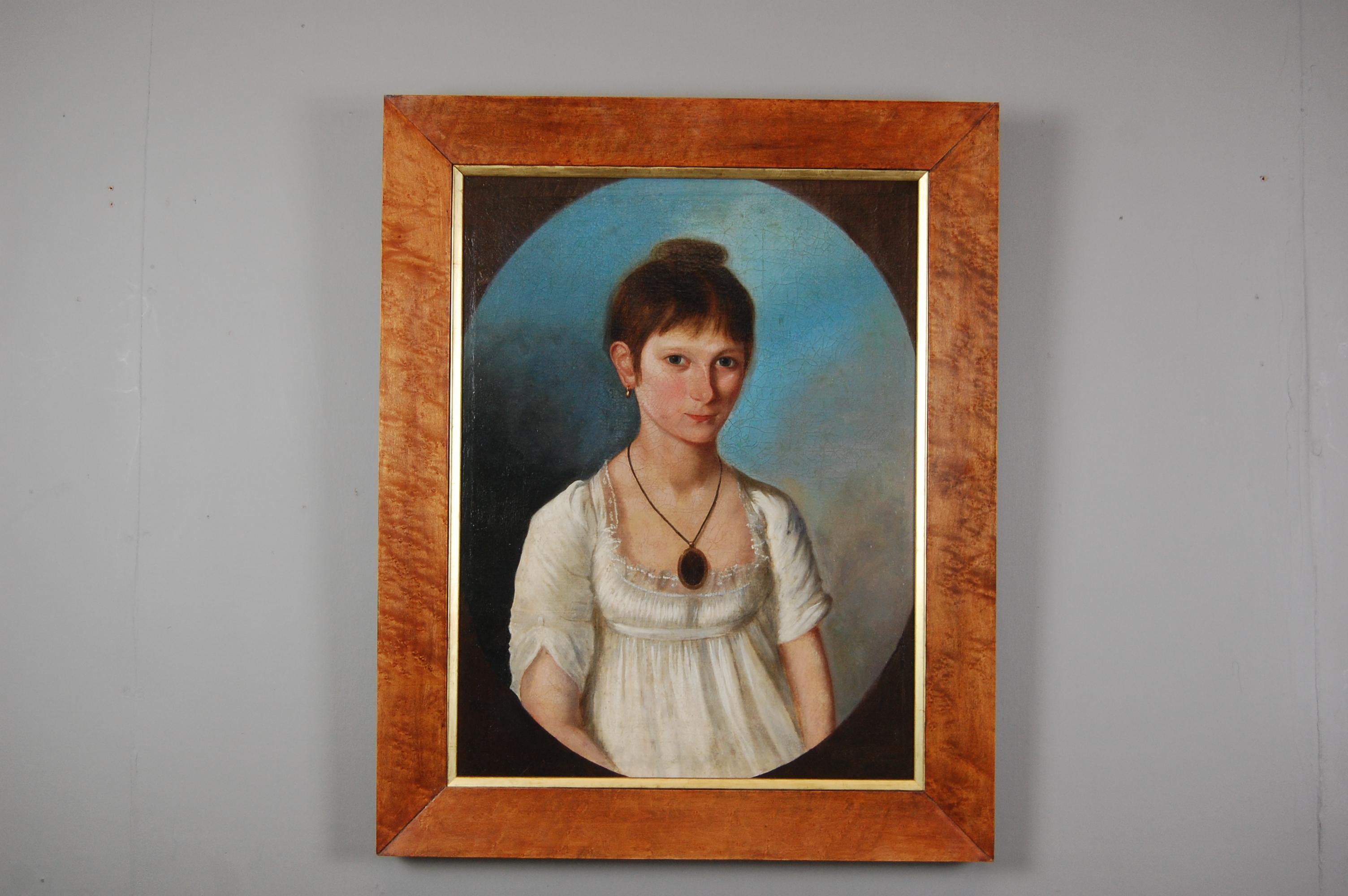 Portrait of Ann Dorr 1806.
A Portrait of Ann Dorr 1783-1840, of Barrowby, Lincolnshire. English school, first decade 19th century, oil on canvas. Dated 1806 with indistinct signature visible under a raking light of B Slea?
A charming portrayal of