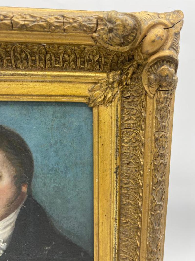 Unknown Early 19th Century Oil on Long Board Portrait of Man Painting in Gold Gilt Frame For Sale