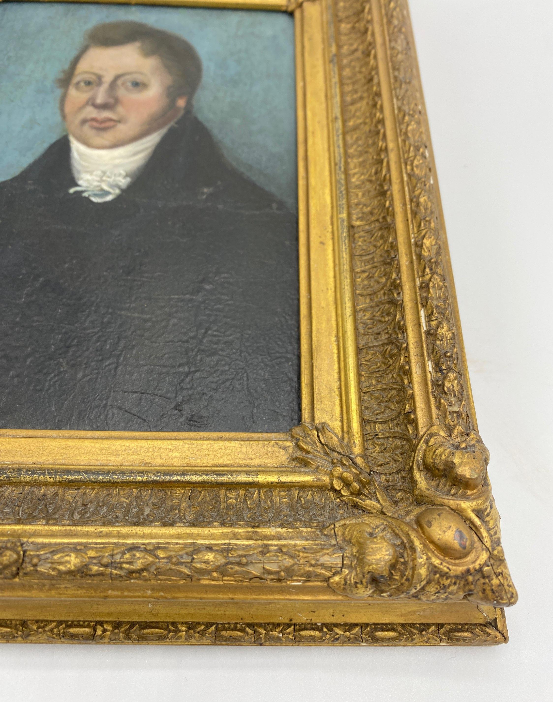 Early 19th Century Oil on Long Board Portrait of Man Painting in Gold Gilt Frame In Good Condition For Sale In Middleburg, VA
