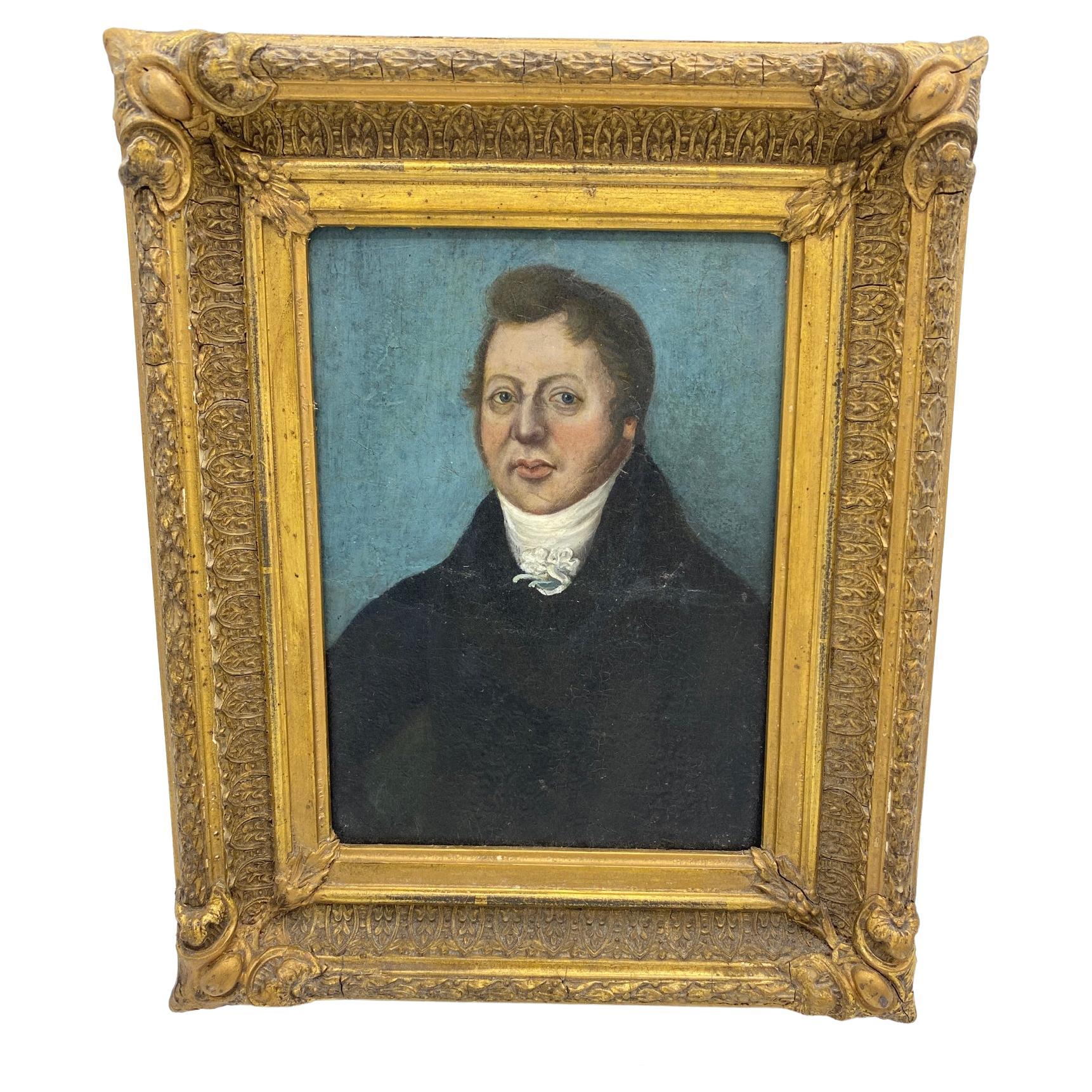 Early 19th Century Oil on Long Board Portrait of Man Painting in Gold Gilt Frame For Sale