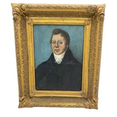Early 19th Century Oil on Long Board Portrait of Man Painting in Gold Gilt Frame