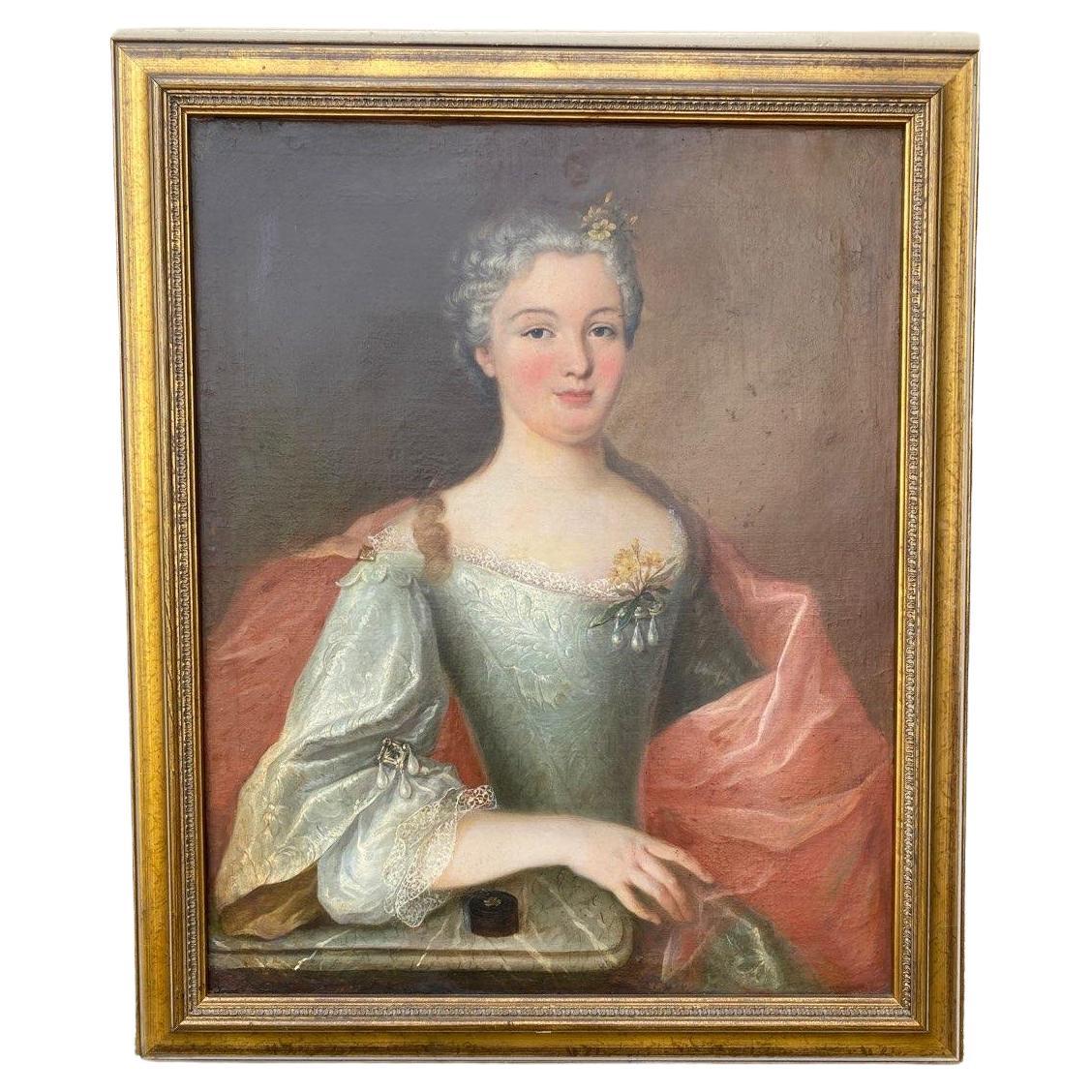 Early 19th Century Oil Painting of 18th Century Noble Woman Newly Reframed