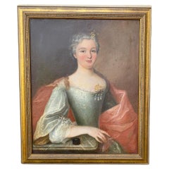 Antique Early 19th Century Oil Painting of 18th Century Noble Woman Newly Reframed