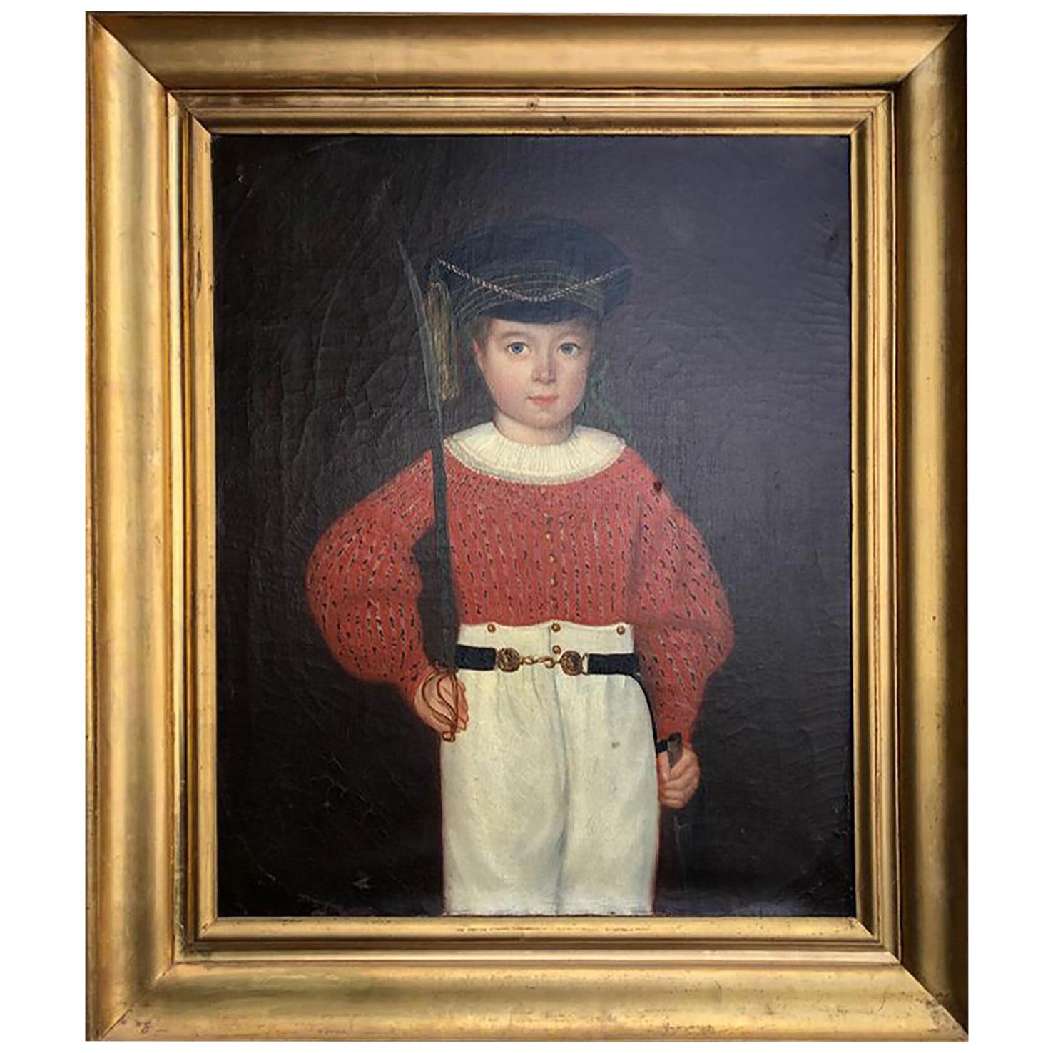 Early 19th Century Oil Painting of a Child Dressed as a Military Soldier