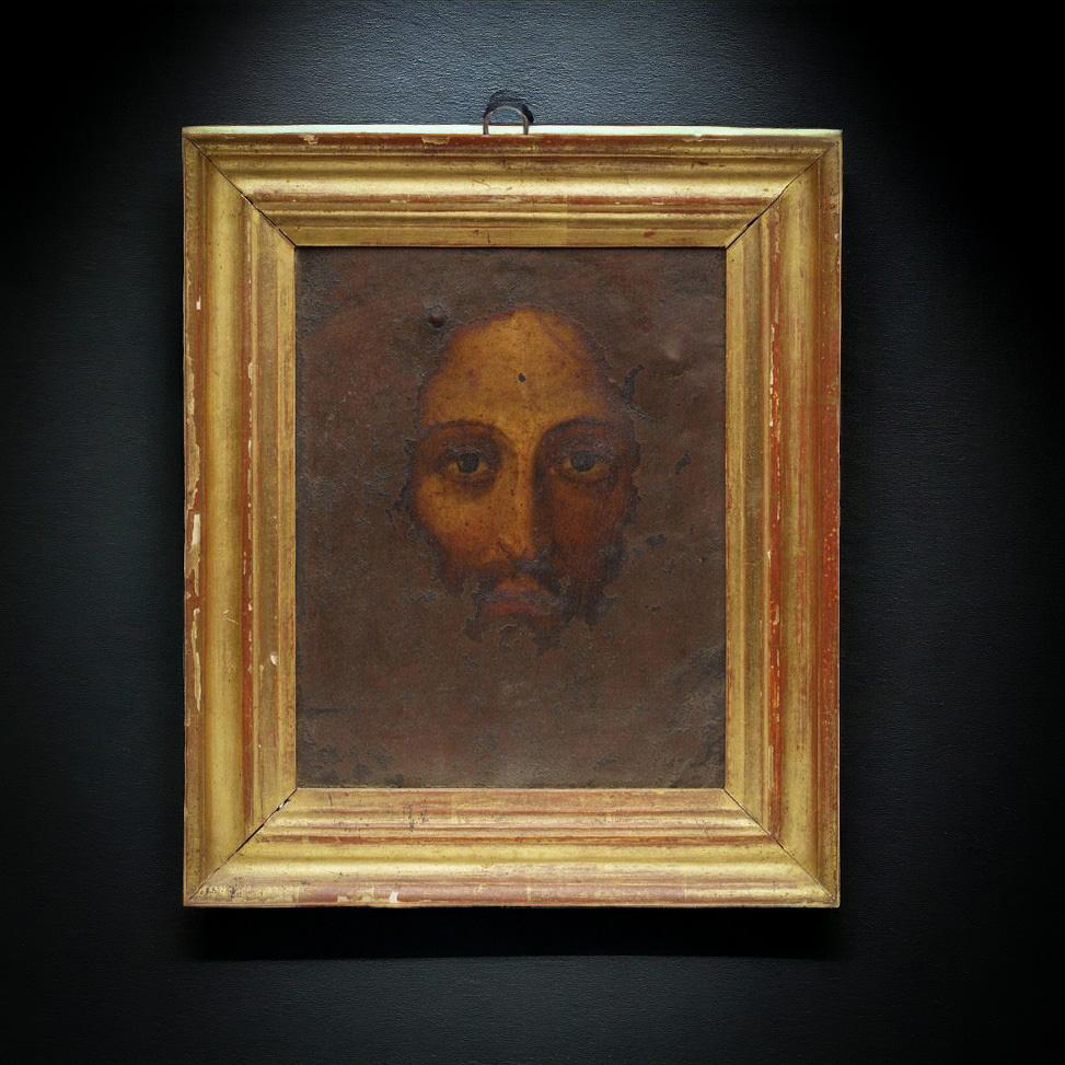  Early 19th Century Oil Painting of Jesus on Copper Panel.

Presented is an early 19th-century artwork, meticulously rendered with oil on a copper substrate, capturing the visage of Jesus Christ. This portrait embodies the artistic practices and