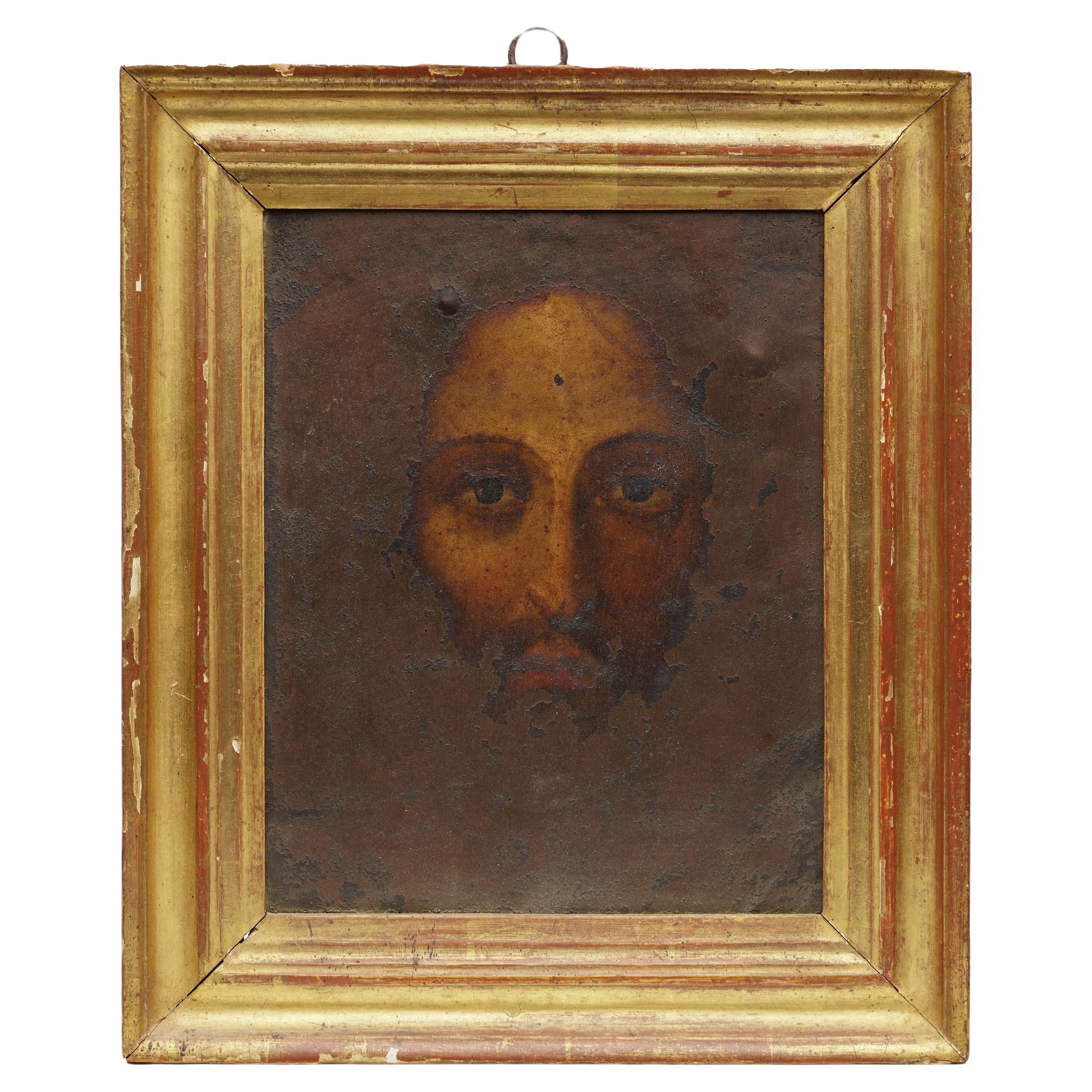Peinture à l'huile du début du 19e siècle représentant Jésus sur panneau de cuivre. en vente