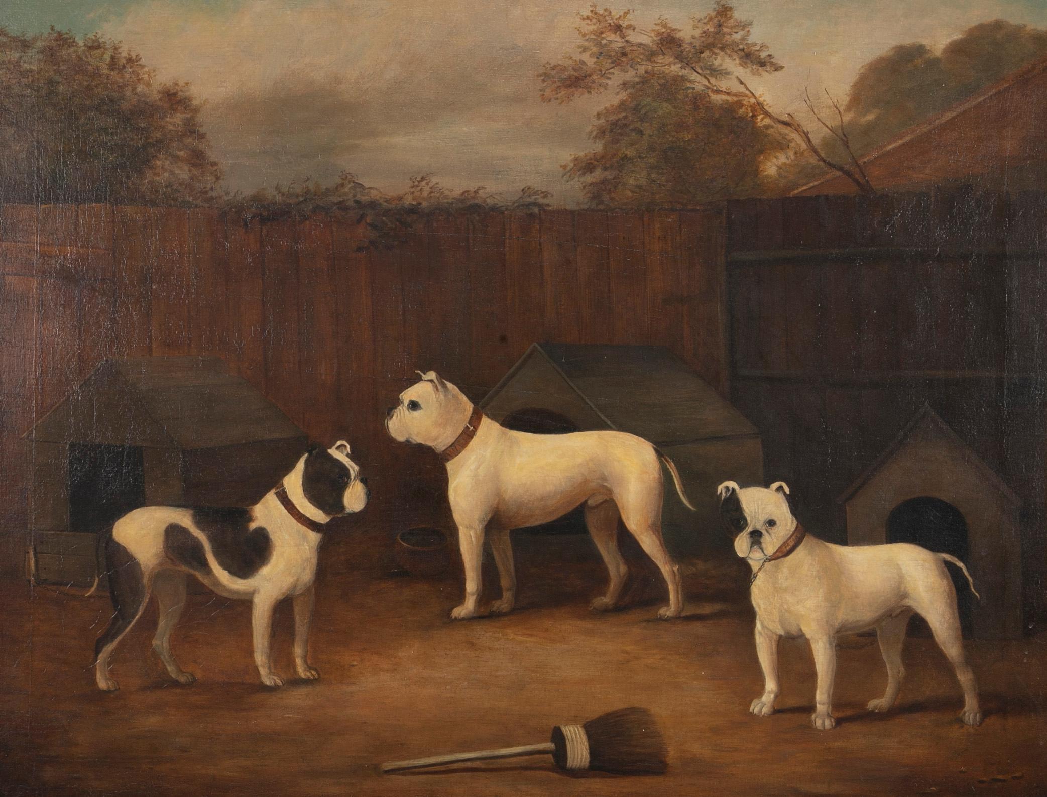 Huile sur toile du début du 19e siècle représentant trois chiens par l'artiste britannique bien connu James Ward (1769-1859), connu pour ses peintures de chevaux et de chiens pendant le premier quart du 19e siècle, vers 1800-1815. Faussement signé. 